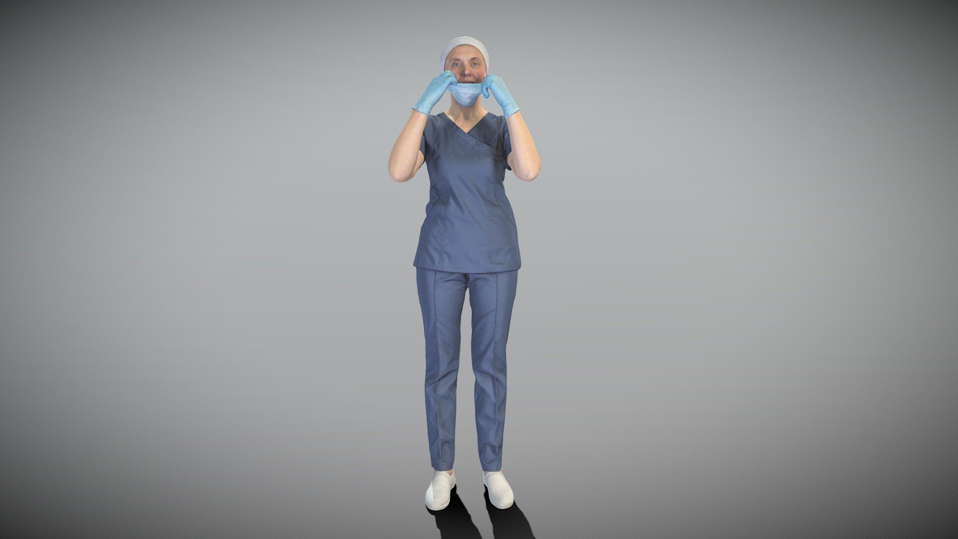 This is a true human size and detailed model of a woman of Caucasian appearance dressed in a medical uniform. The model is captured in typical professional pose to perfectly match a variety of architectural and product visualizations, be used as a background or mid-sized character in advert banners, professional products presentations, educational tutorials, VR/AR content, etc.

Technical characteristics:




digital double 3d scan model

decimated model (100k triangles)

sufficiently clean

PBR textures: Diffuse, Normal, Specular maps

non-overlapping UV map

Download package includes Cinema 4D project file with Redshift shader, OBJ, FBX files, which are applicable for 3ds Max, Maya, Unreal Engine, Unity, Blender, etc. All the textures included into the main archive.

BONUSE: in this package you will also get a high-poly (.ztl tool) clean and retopologized automatically via ZRemesher 3d model in zBrush, thus youll be able to make your own editing of the purchased 3d model.

3D EVERYTHING - Nurse putting on medical mask 323 - Buy Royalty Free 3D model by deep3dstudio 3d model