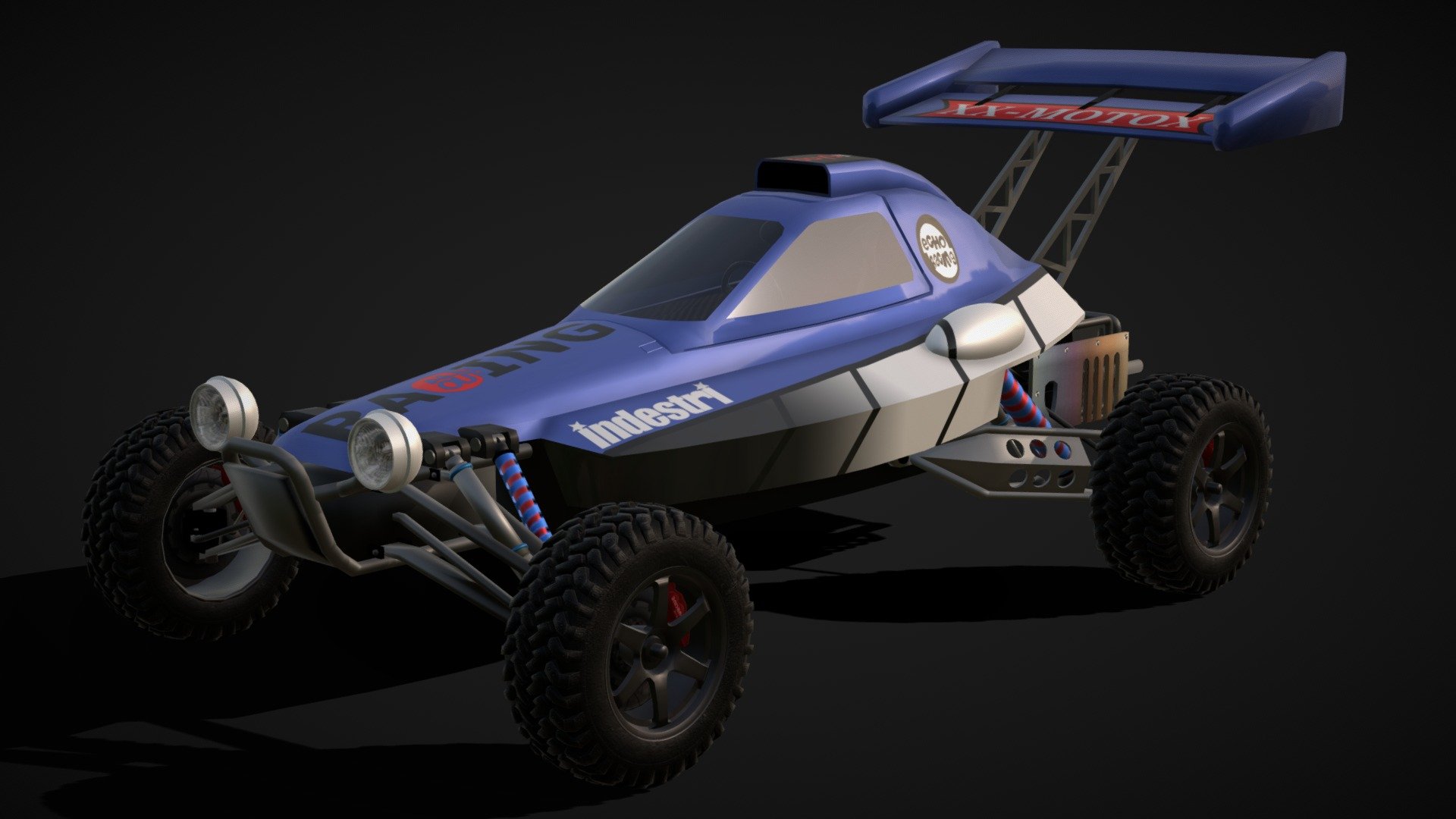 Jester Super BXR inspired from Motorstorm Monument-Valley.

This model is kept lowpoly and optimized for use in Videogames.

The supsension is connected really well so it makes it easy to animate  with simple up and down animations.

The Paintable layer is correctly UV mapped and comes with a additional Template to create Skins for it.

Textures come in PNG format.

Note: This model is not rigged!

Modell made using Blender 2.78 and Gimp 2.8 for painting the textures 3d model