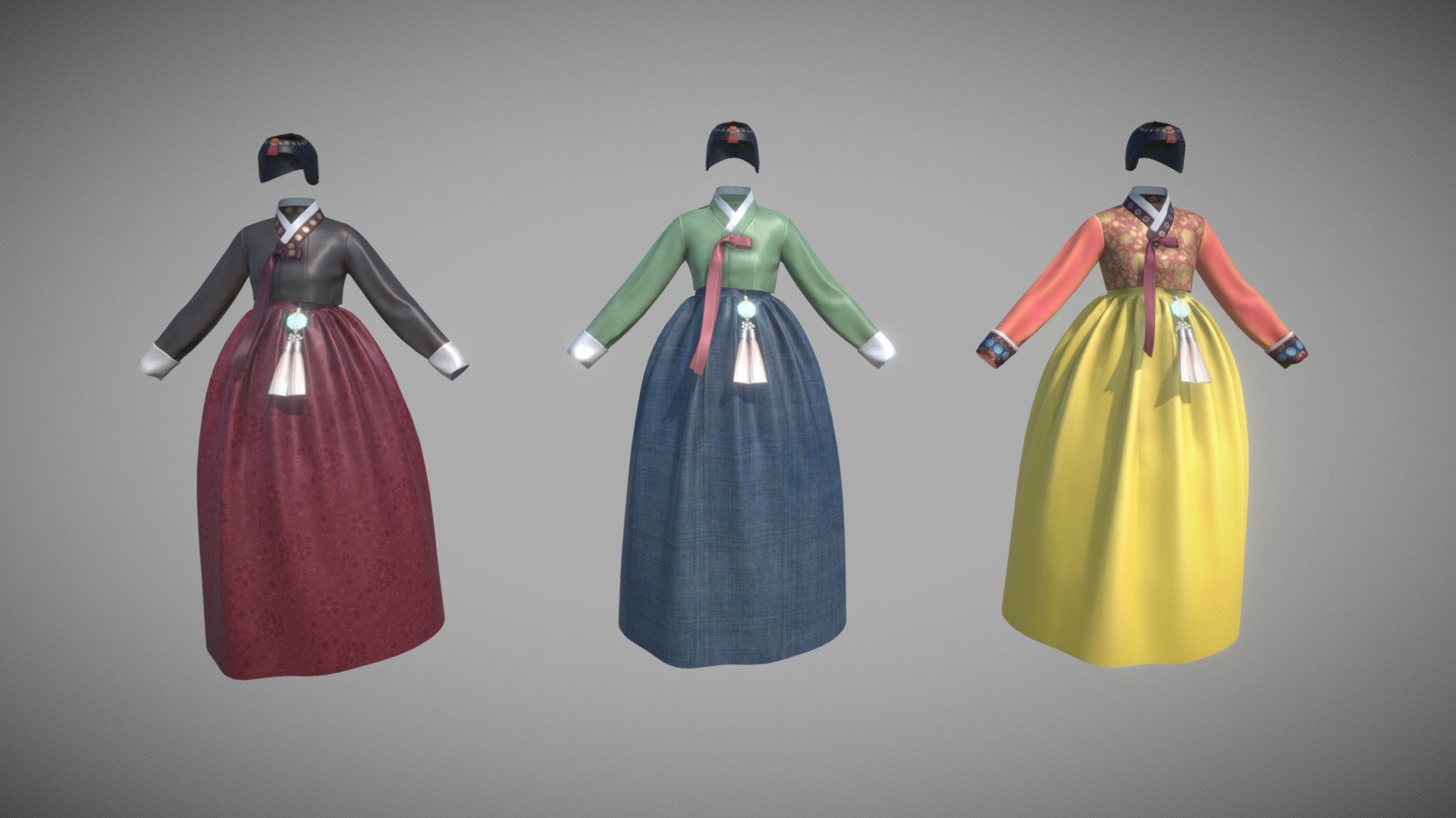 This model is GAME READY for Unity

File Formats:

3ds Max 2019 FBX (Multi Format)

Model: The Hanbok is modeled on a real scale.

Geometry count:




18,996 polys ( Clothes : 3,523 / Accessories : 1,274 / Hat :    931 / Shoes : 604    )

36,960 tris     ( Clothes : 6,812 / Accessories : 2,600 / Hat : 1,744 / Shoes : 1,164 )

19,650 verts  ( Clothes : 3,672 / Accessories : 1,357 / Hat :    895 / Shoes : 626    )

Textures: 2048x2048 Albedo, Metallic, Normal Maps

Textures designed for physically based rendering (PBR) Textures in .png format

I have exported specialized texture maps for Unity 3d model