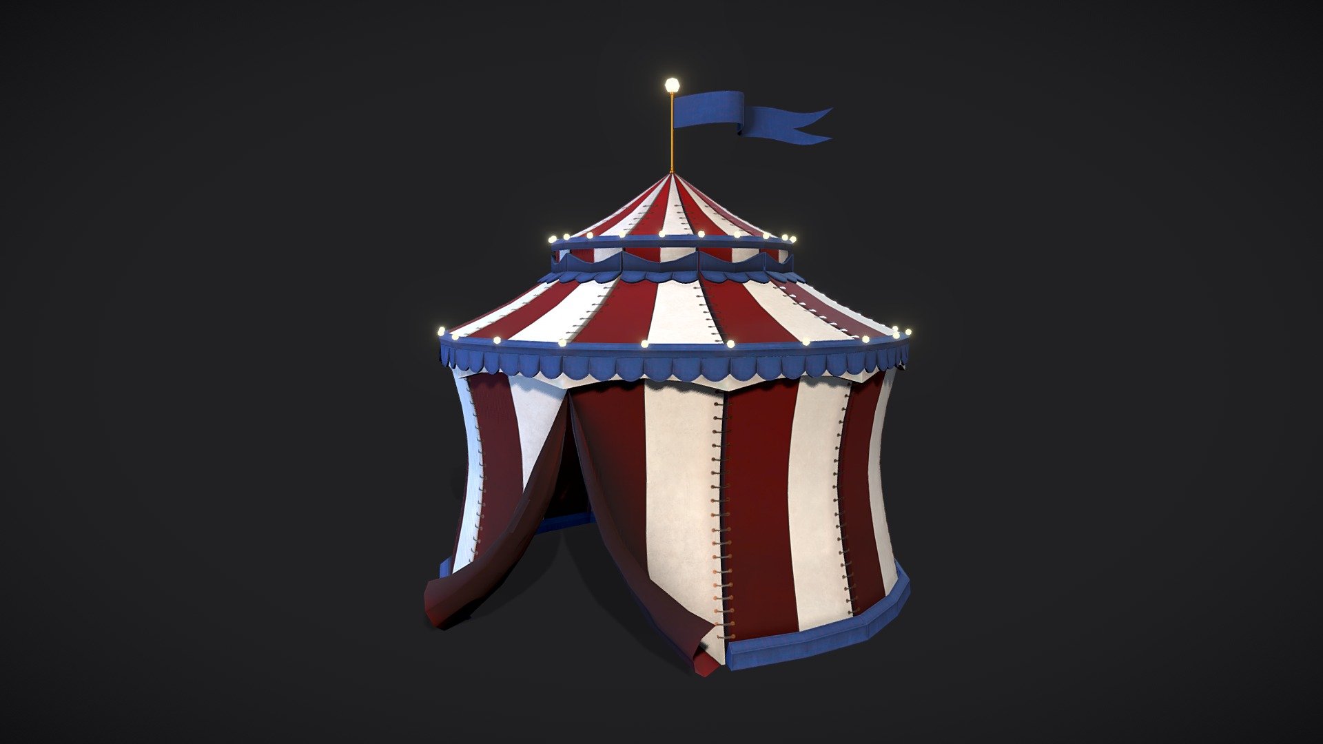 Circus tent game-ready model.

PBR Metal-Roughness.
Overlapping UV's.
Polys - 4700
Real-World Scale.

The archive contains the following files:


.MA file (original MAYA file, version 2022)
FBX file
OBJ 

Texture set (available in 20482048 and 40964096)


Tent_BaseColor
Tent_Normal
Tent_Metallic
Tent_Roughness
Tent_Emissive
Tent_AO
Tent_Opacity

If you have any additional questions or any problems related to the model, kindly contact me: katy.b2802@gmail.com - Circus Tent - Buy Royalty Free 3D model by Enkarra 3d model