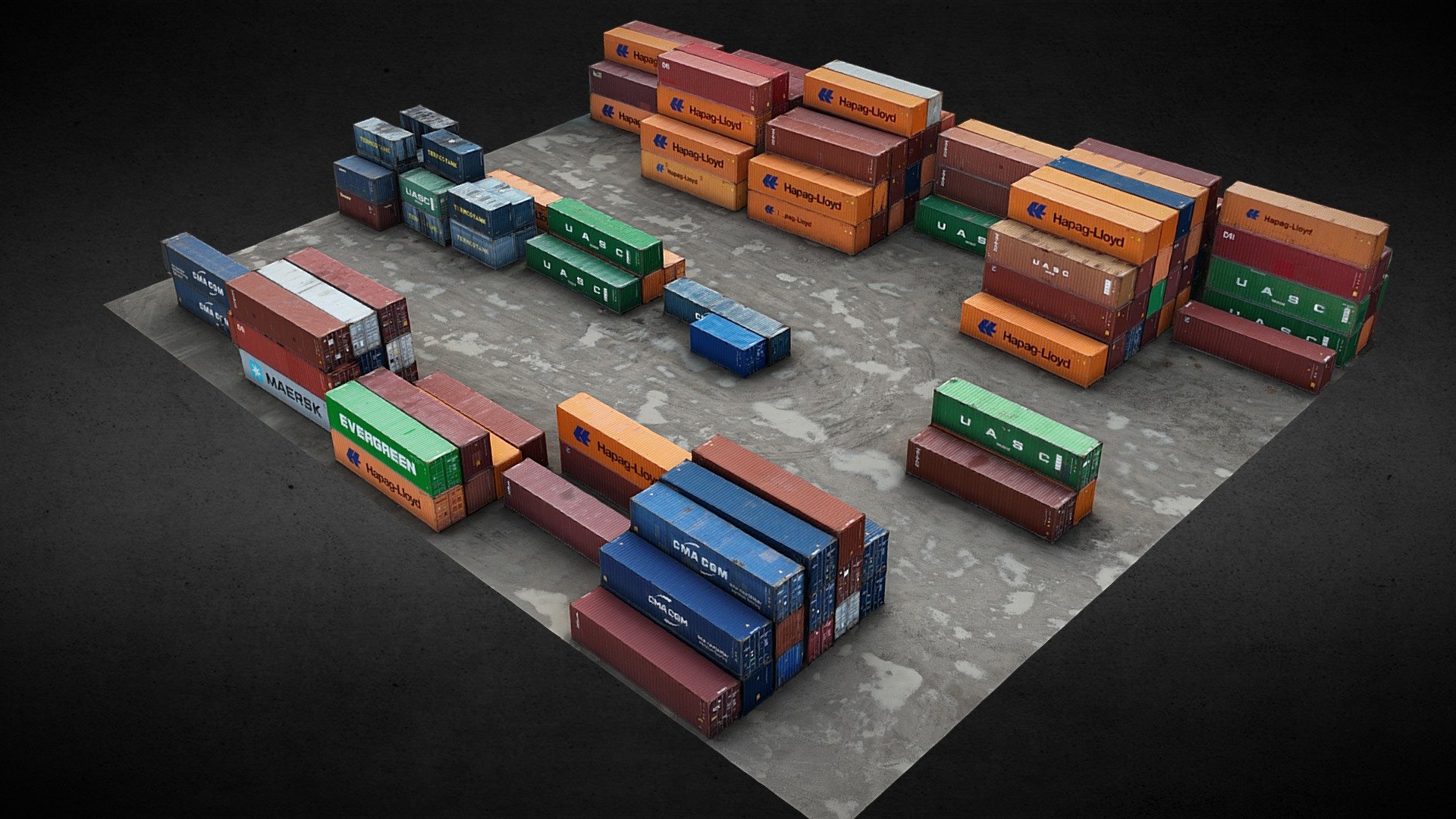 aerial DJI drone photogrammetry
mid poly optimized mesh smoothing groups
maps 8k: BaseColor
maps 4k: Roughness, Disp, Nrm, Ao - cargo containers terrain set photoscan - Buy Royalty Free 3D model by scanforge (@looppy) 3d model