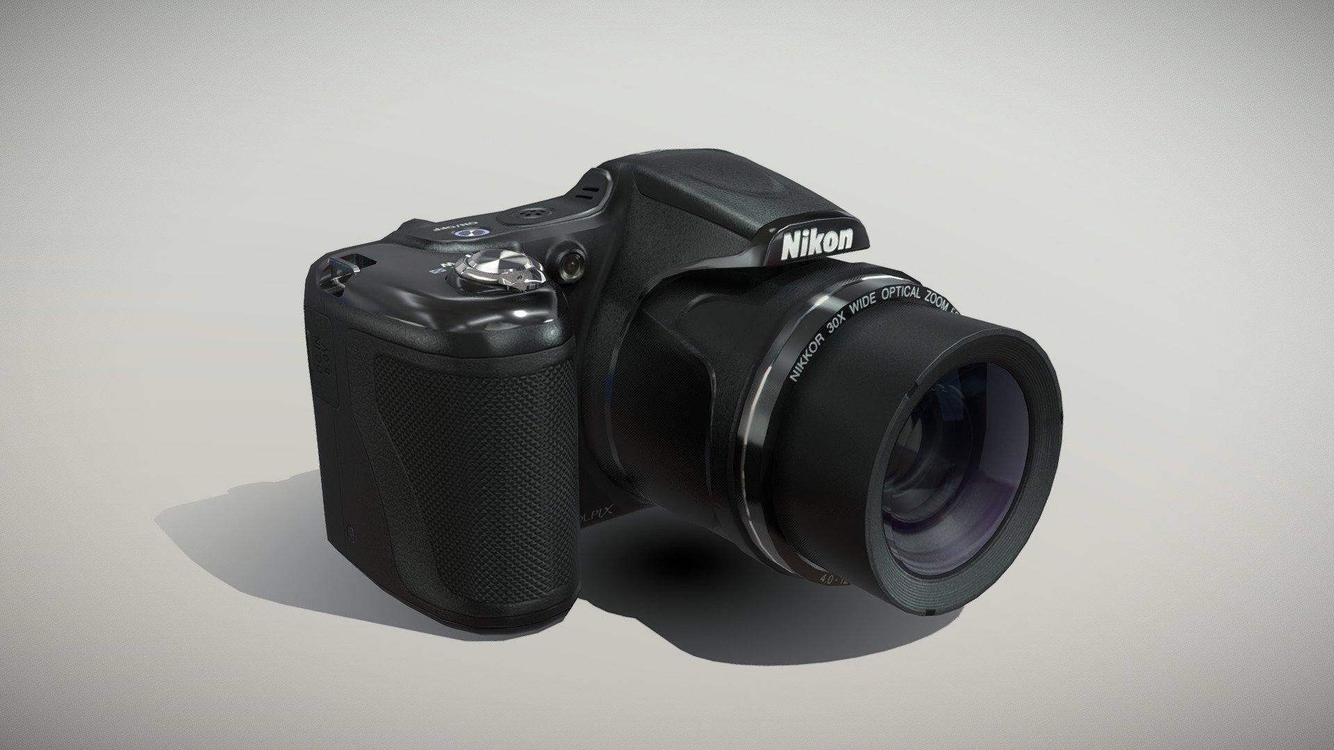 •   Let me present to you high-quality low-poly 3D model Nikon Coolpix L820 Black. Modeling was made with ortho-photos of real camera that is why all details of design are recreated most authentically.

•    This model consists of a few meshes, it is low-polygonal and it has two materials (Body and Glass of Lens).

•   The total of the main textures is 5. Resolution of all textures is 4096 pixels square aspect ratio in .png format. Also there is original texture file .PSD format in separate archive.

•   Polygon count of the model is – 4608.

•   The model has correct dimensions in real-world scale. All parts grouped and named correctly.

•   To use the model in other 3D programs there are scenes saved in formats .fbx, .obj, .DAE, .max (2010 version).

Note: If you see some artifacts on the textures, it means compression works in the Viewer. We recommend setting HD quality for textures. But anyway, original textures have no artifacts 3d model