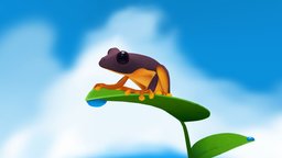 Frog on a leaf plant, sky, grass, frog, clouds, leaf, diorama, shadeless, handpaintedtexture, clipstudiopaint, substancepainter, handpainted, blender, animal, animation, stylized, rigged