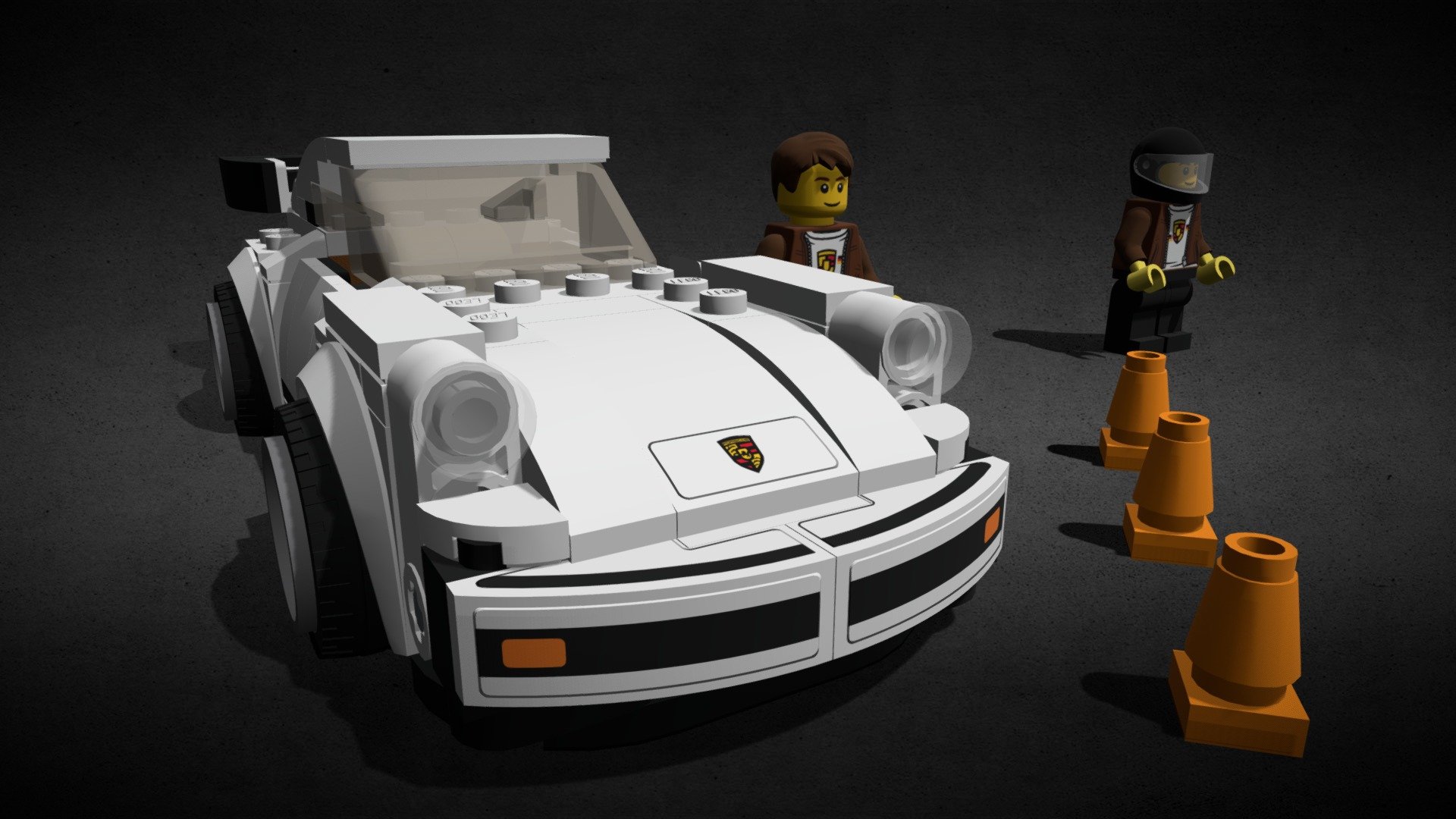 Complete car and minifigure from LEGO 75895 kit. All stickers and textures. It is not a scan, but a complete kit, contains all the cubes. Includes 1974 PORSCHE 911 TURBO 3.0 from game Forza Horizon 4, 2x minifigure and 3x traffic cone 3d model