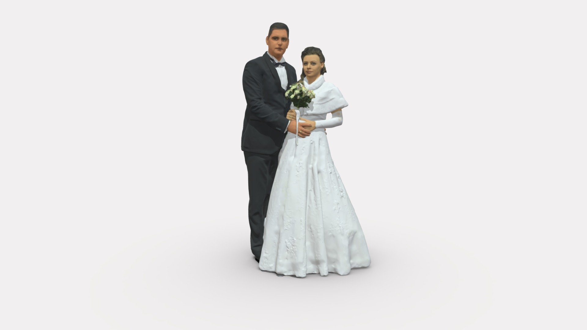 We provide unique 3d scanned models with realistic proportions for closeup and medium-distance views in artworks, paintings and classes. As well as architectural visualization projects.

Main features:




high-end realistic 3d scanned model;

realistic proportions;

highest quality;

low price;

saves you time for more time in landscaping and interiors visualization.

FEATURES 




3d scanned model 

Extremely clean

Edge Loops based

smoothable

symmetrical

professional quality UV map

high level of detail

high resolution textures

real-world scale

system unit: cm

TEXTURES 




Textural Resolution: 4096 x 4096

Color Map

The model is suitable for stereolithography 3d printing 

The model is also ready for fullcolour 3d printing - Wedding couple with flowers 0859 - Buy Royalty Free 3D model by 3DFarm 3d model