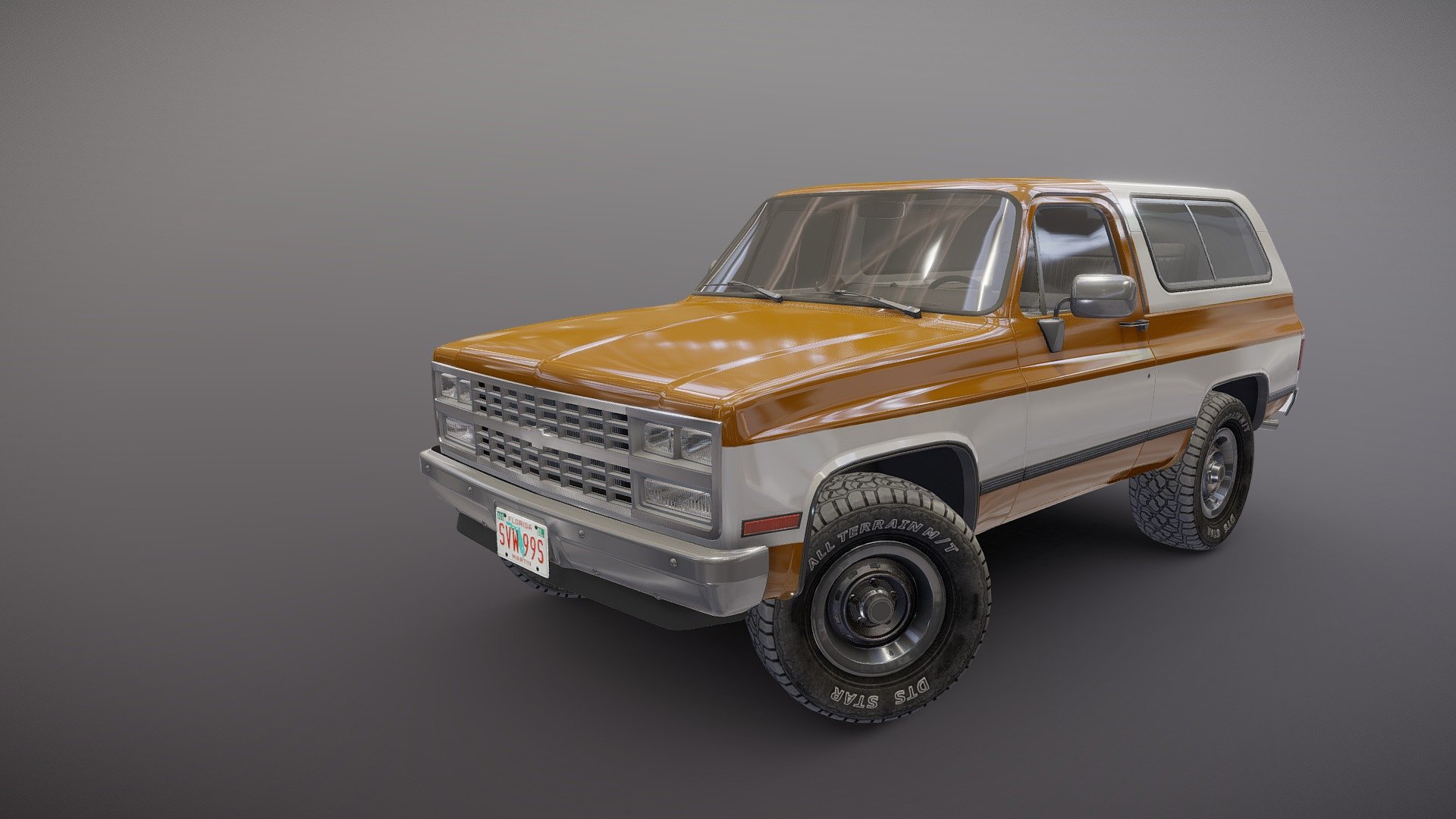 High accuracy 80s offroad car model.

Midpoly exterior.

Lowpoly interior(1024x1024 diffuse texture).

Low poly wheels with PBR textures(2048x2048).

Full model - 55220 tris 32479 verts

Lowpoly interior -3485 tris 2062 verts

Wheels - 10952 tris 6180 verts

Original scale

Length - 4,3m, widht - 1,8m, hieght - 1,72m

Model ready for real-time apps, games, virtual reality and augmented reality.

Asset looks accuracy and realistic and become a good part of your project 3d model