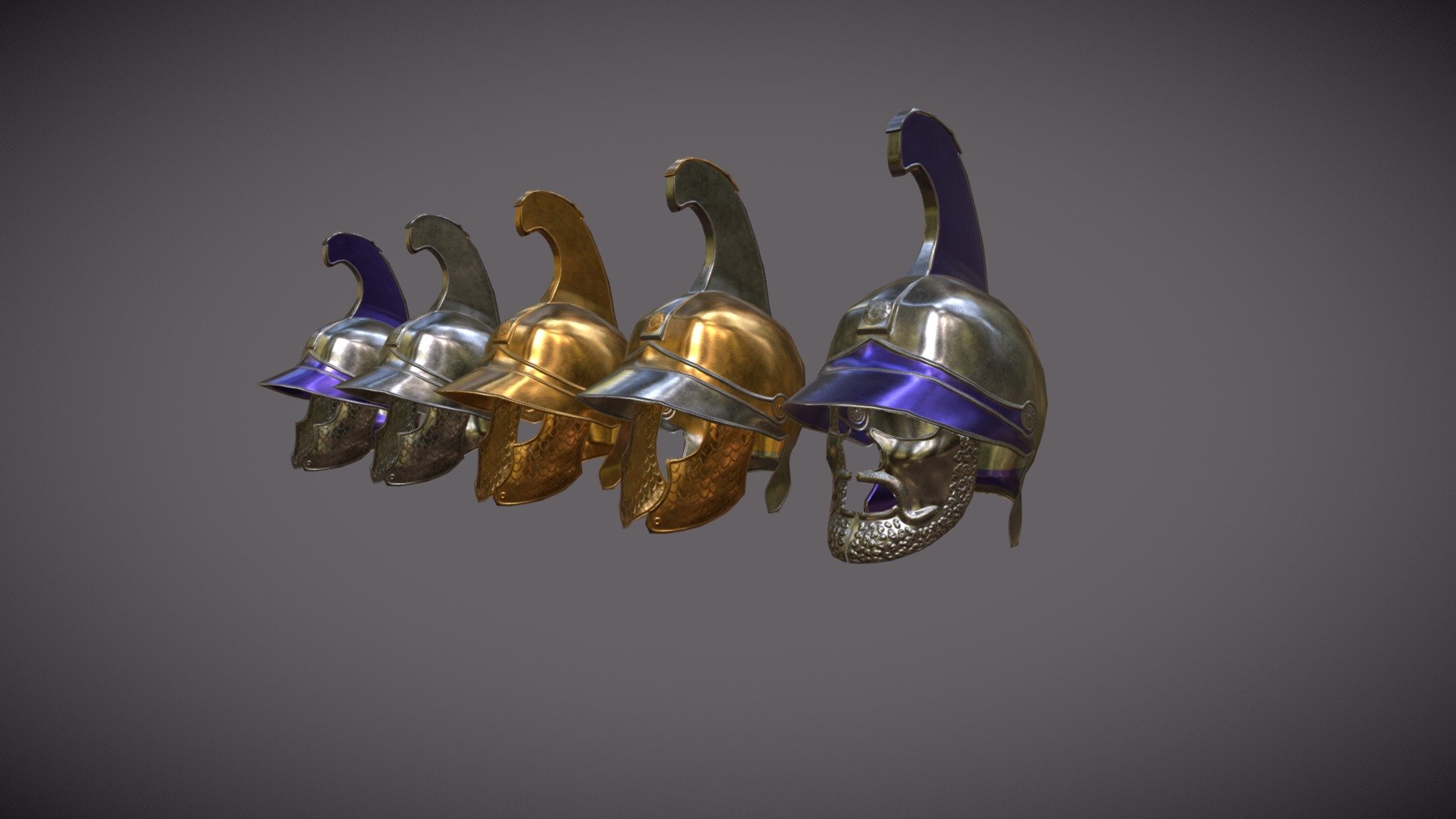 Helmet of the Phrygian type, possibly of Seleucid origin. Different color setups and different cheekguards. To note the scaled version as well as the notorious bearded guard. In addition, one cant note the slimmer and elongated crest.

Made for the RIR: Imperium Surrectum mod, for the game Rome Total War Remastered.

Made in Blender - 3280 vertices

The process consists of modelling a low poly version, from which a copy is made with a very high dense mesh where details are sculpted in, later baked onto its low poly counterpart.

The different colours are textured painted in - Phyrigian Helmets - 3D model by João Paulo (@Grimbold) 3d model