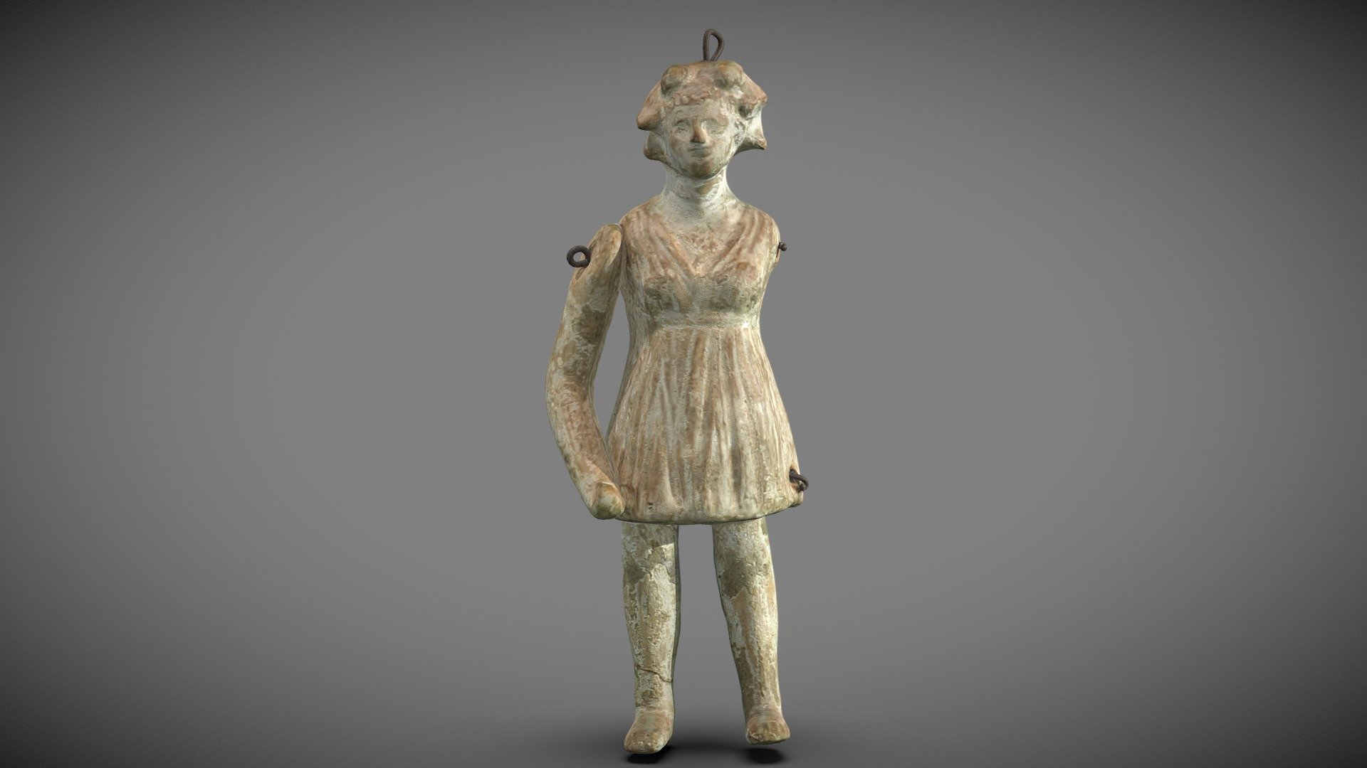 Doll wearing flower wreath

4th century BC

Taranto, Italy

Brussels,Royal Museum of Art and History

Inv. A.306.
Photogrammetry by Greektoys with the support of the Cinquantenaire Museum in Brussels.

Plagons were one of the favorite girls’ toys in ancient
Greece. It was a female figure doll usually made of
clay and with complicated hairstyles. In some cases
the clothing of the doll was painted on it, while in other
cases, girls were sewing clothes for their dolls out of
rags. Plagons had an educational character too, by
introducing girls to the role and obligations of a woman
in society. On the eve of every girl’s wedding day,
plagons were dedicated to the goddess Artemis.

A decisive step in differentiating religious figurines to dolls was the
appearance of a jointed doll (nevrospaston) with
movable arms and legs, while the use of mold by
modelers would boost mass production so as every girl
could own her favorite heroine! - Ancient greek doll "plagon" - 3D model by Greektoys.org (@magikos-fakos) 3d model