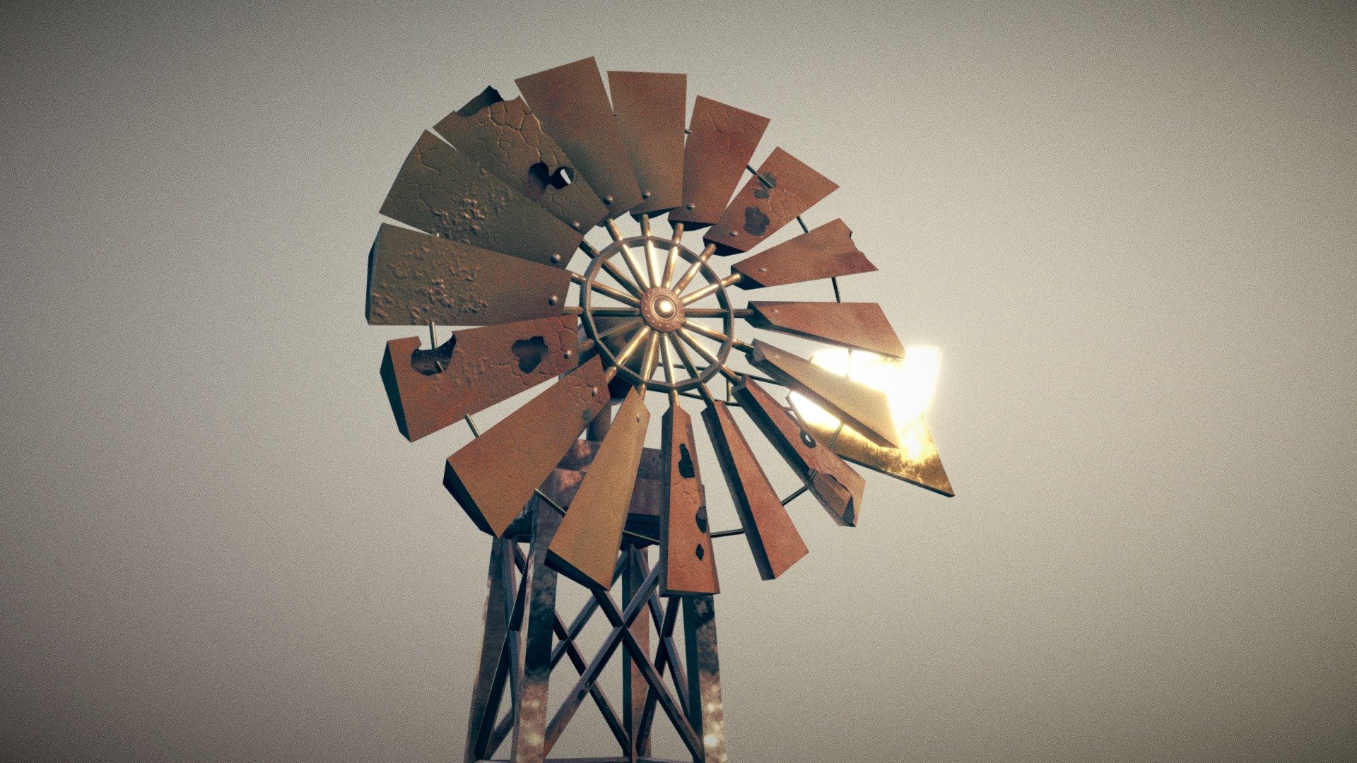 An old windmill that would be found outside of an abandoned farm in the mid-west. It's rusted with character, and can still catch the wind on its own. This model was generated and UV mapped procedurally in Houdini 3d model
