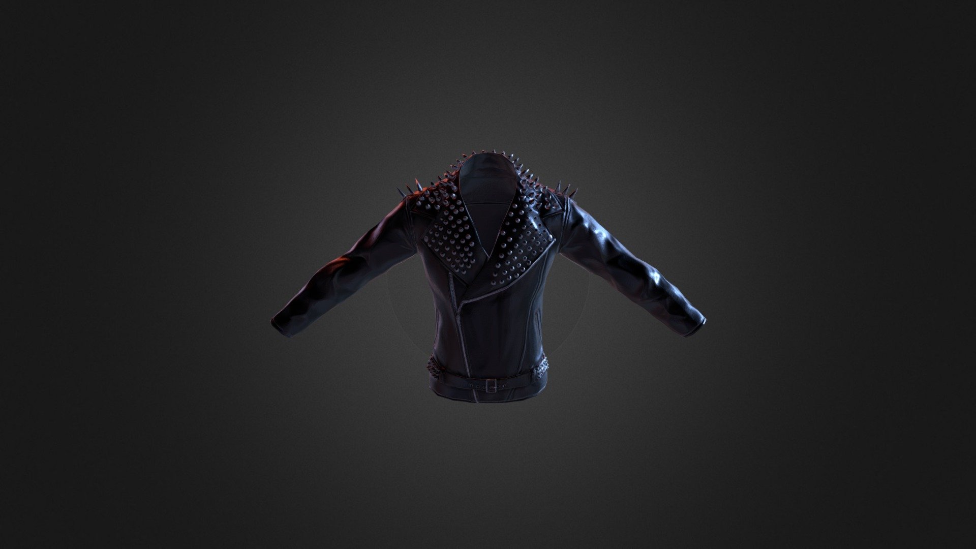 This is the result of two weeks work - starting with a base creation in modeled in Maya, sculpted in ZBrush,  retopotolgized and then baked in Substance Painter.  This is based of a spiked biker jacket sold by Killstar clothing.  This was my first time creating clothing 3d model