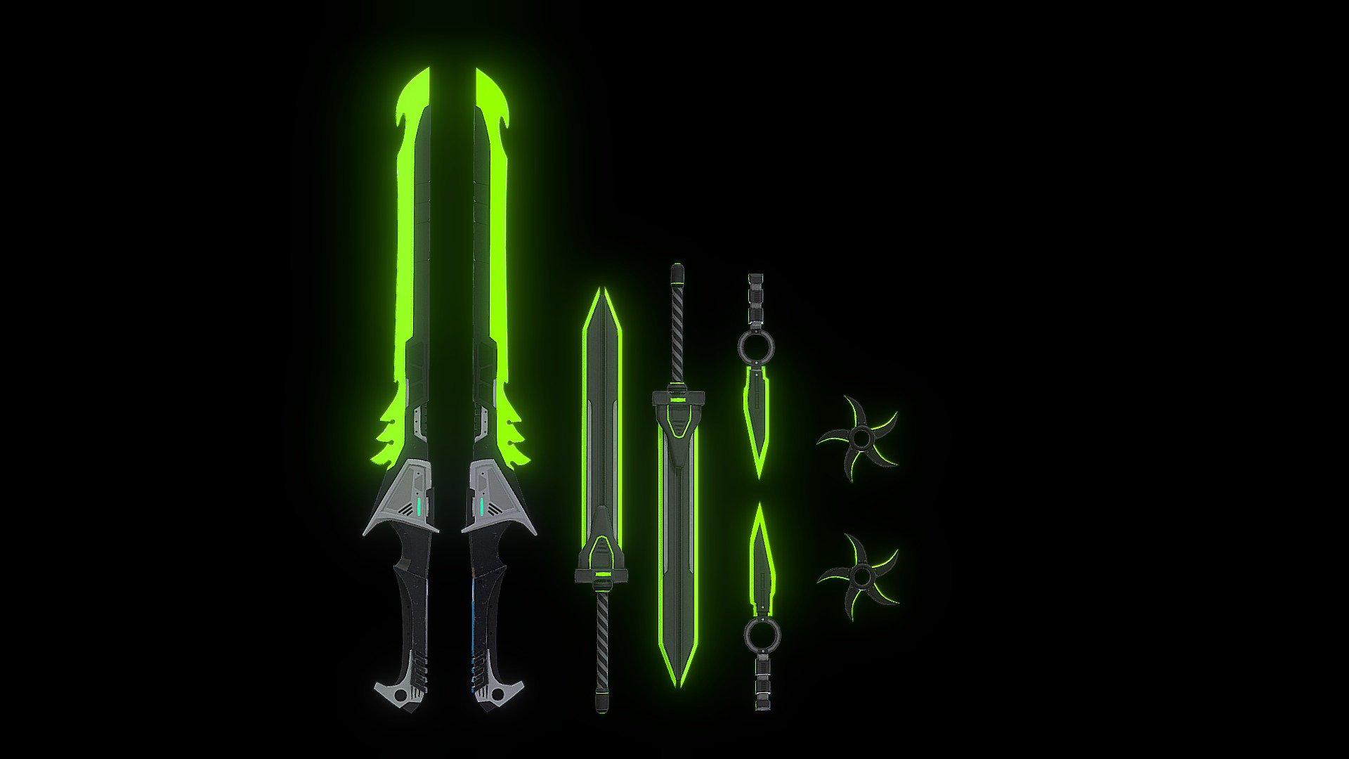 This asset contains a 3D model of the completer weapons set including: A long sword, short sword, a Knife, and a Shuriken that can easily be integrated into any environment. It is a highly detailed model with texture customizable, realistic weaponry. This model promises you a neat &amp; tidy design that would completely make the integration of this asset in your game much easier. This weapon set contains the following items:
•   NeoCyber One Handed Long Sword: A beautiful Long Sword with realistic texture and detailing and futuristic handle and hilt.
•   NeoCyber Short Sword: A Short Sword with realistic texture and detailing and Simple yet subtle eye-catching hilt and handle.
•   NeoCyber Slip Knife: An additional accessory to the weapons set is the NeoCyber Slip Knife. Best when incorporated for stealth based games.
•   NeoCyber Shuriken: Of course, no weapons set will be complete without a throwable item. A more towards the traditional side but still very useful. A perfect harmony between aesthetically deadly 3d model