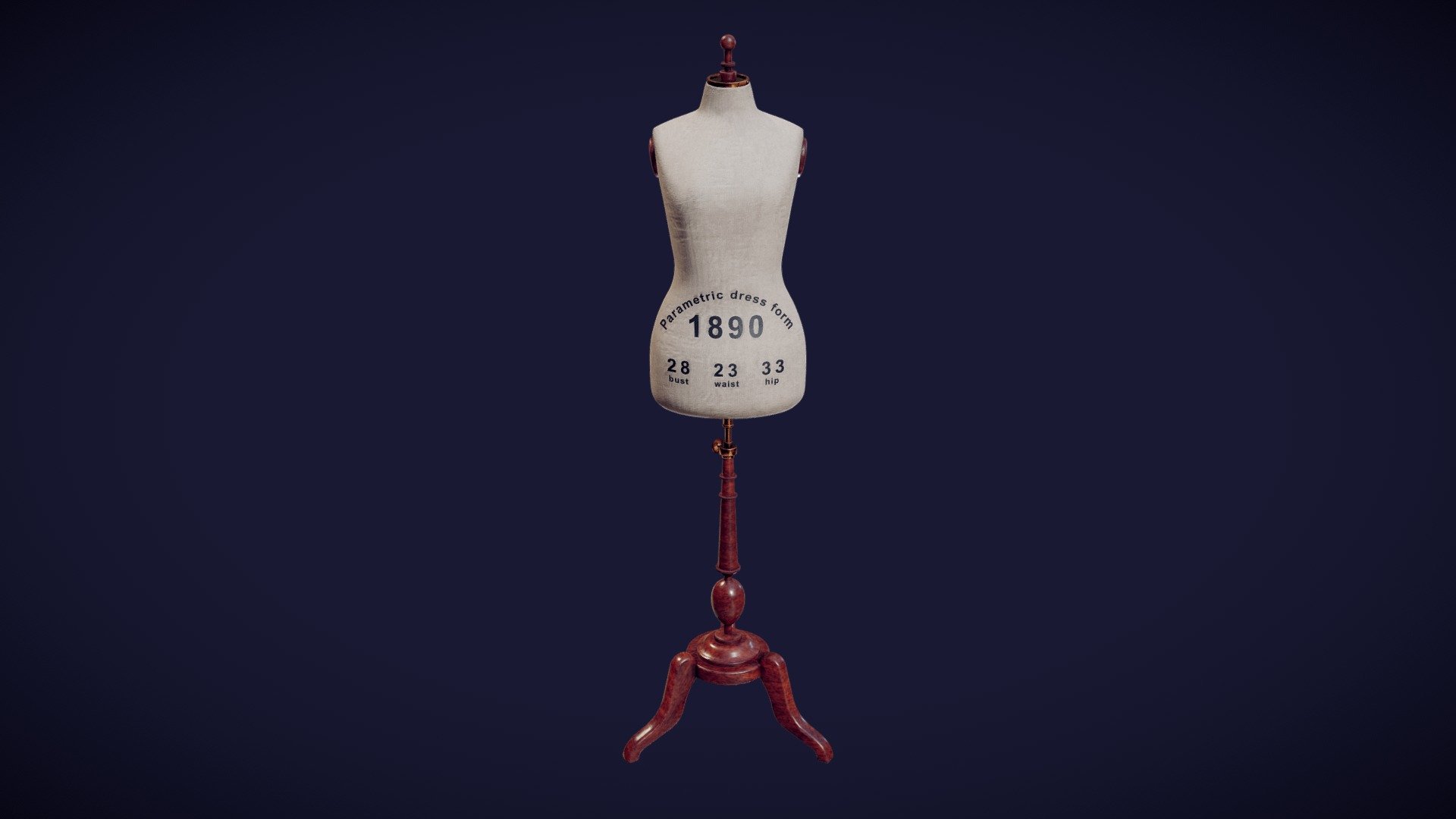 The 3D model presents a historical mannequin (a dress form) dating to 1890. The virtual mannequin was generated automatically by using a new method of parametric modelling (for further details see https://doi.org/10.1108/IJCST-06-2019-0093). The values of body measurements were taken from a sizing table published in “The Cutters Practical Guide to the Cutting of Ladies’ Garments” (V.D.F. Vincent, 1890). The measurements of the mannequin are: bust – 28 inches; waist – 23 inches; hip – 33 inches. The authors of the 3D model are

Aleksei Moskvin https://independent.academia.edu/AlekseiMoskvin

Mariia Moskvina https://independent.academia.edu/MariiaMoskvina

(Saint Petersburg State University of Industrial Technologies and Design)

DOI: http://dx.doi.org/10.13140/RG.2.2.22974.41287
https://www.researchgate.net/publication/357168392_1890_dress_form_size_28

The authors thank scientists from Ivanovo State Polytechnic University for providing information on historical mannequins 3d model