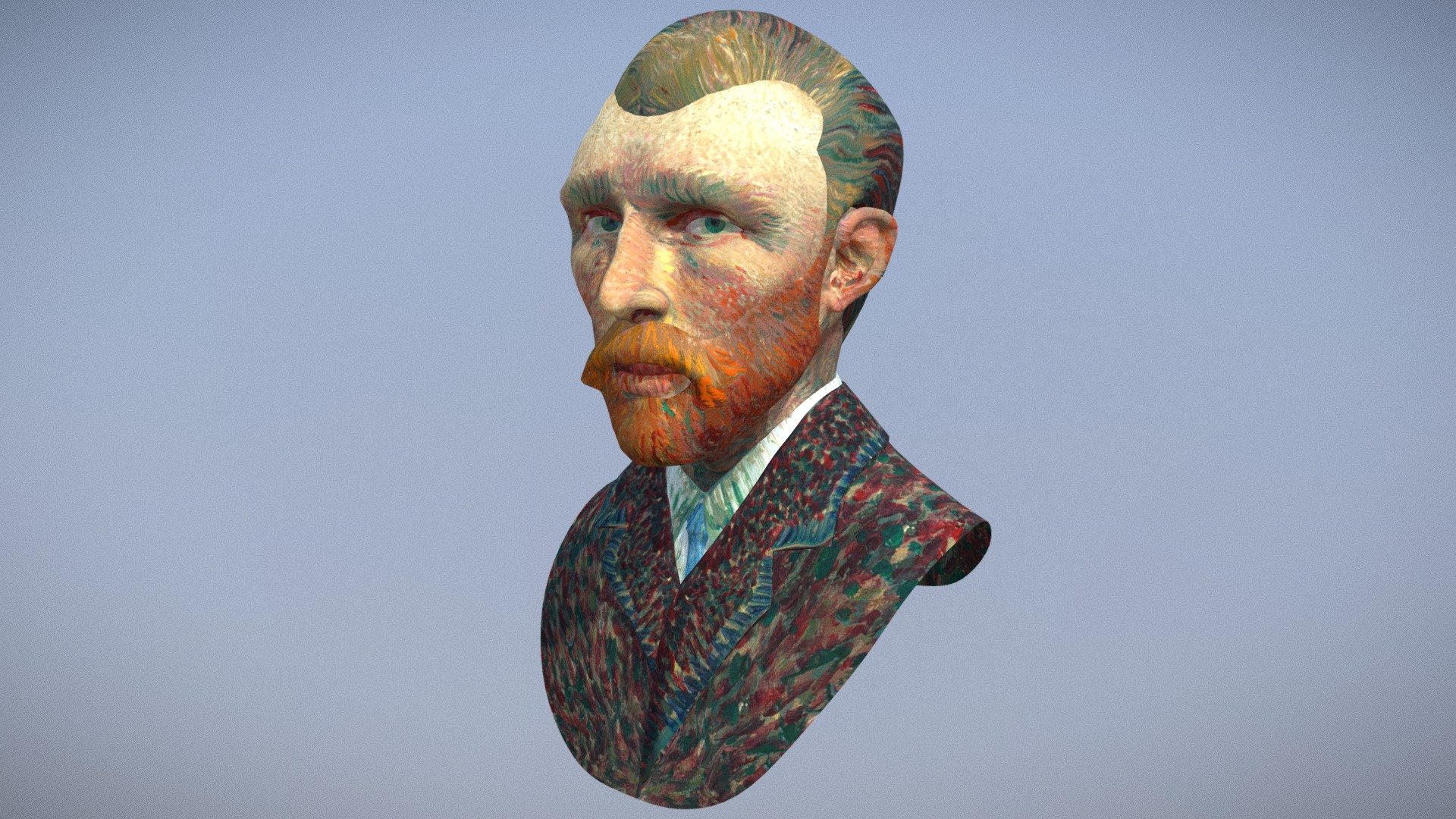 Vincent Van Gogh, based on a self-portrait, and textured using his painting technique. This is my first &lsquo;organic' ever so it was a steep learning curve, currently I've been using Blender for 4 months and it's my first time with 3D software.

I've purposefully made one ear uneven as Vincent had cut off his ear with a razor blade towards the end of his life. I found a doctor's note which details how his ear looked so it's as accurate as I can get it.

It's slightly surreal to experience this portrait in 3D and get a real life-like sense of the man beyond just a single pose.

Hopefully I can get around to modeling more works of art and historical people 3d model