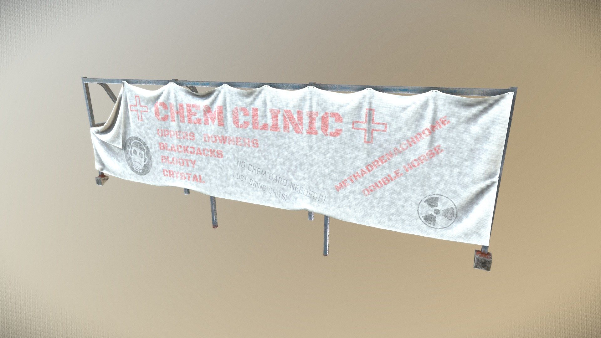 A vinyl banner on metal frame with a cyberpunk sci-fi theme. I have included three variations of colour and text for the banner to make it more useful. 4K PBR textures, plus textures packed for unreal engine, seperate mesh and textures for the banner &amp; the frame 3d model