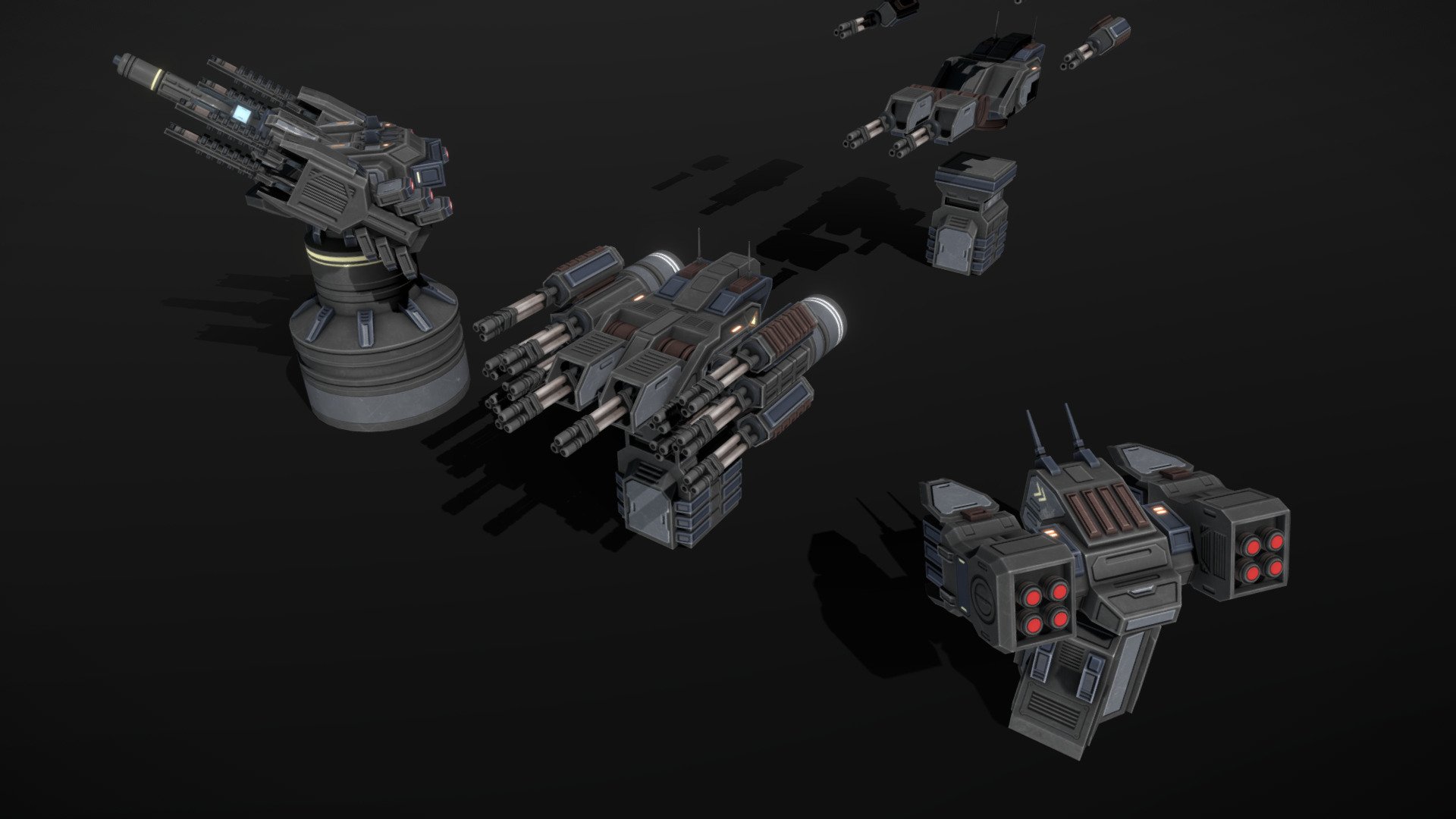 This pack contains low-poly and game-ready modular scifi turret parts. The barrels/missile racks from the “Modular Mech Weapons” pack are compatible with these turrets.

The turrets are composed of separate meshes that can be animated with a keyframe animation tool. 

The following modular parts are included in this model pack: 3 bases, 3 turrets, 9 side pods, 6 barrels, 2 missile launcher pods, 2 missiles. (not all parts are shown in the sketchfab viewer).

The model comes with several differently colored texture sets. The PSD file with intact layers is included.

Please note: The textures in the Sketchfab viewer have a reduced resolution to improve Sketchfab loading speed.

If you have bought this model please make sure to download the “additional file”.  It contains FBX and OBJ meshes, full resolution textures and the source PSDs with intact layers. The meshes are separate and can be animated (e.g. firing animations) 3d model