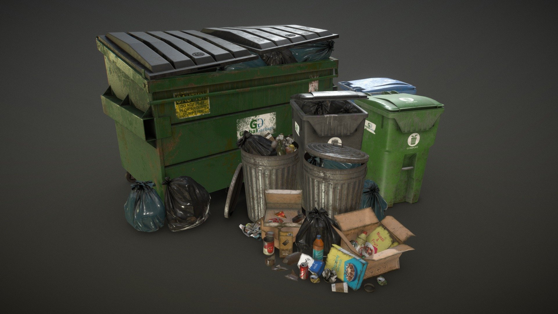 Low Poly pack of game ready models of trash with PBR textures:

Textures included: Albedo, Normals, Metalness, Roughness, AO and Opacity

Pack includes: 




Dumpsters: 4096 texture / 2 different colors / 2 levels of dirt

Trash Cans: 4096 texture / 3 levels of dirt

Trash Bins: 4096 texture / 3 different colors / 2 levels of dirt
Urban Trash: 3 carboard boxes - 2 cereal boxes - 3 cartons of milk - 4 papers with 4 levels of crumpling - 4 types of tins - 1 coffee cup - 2 wine bottles - 2 broken bottles - 3 soda cans / 4 levels of crushing - 2 plastic bottles - 1 pizza box - 1 piece of pizza: 4096 texture / 2 leves of dirt

2 Garbage Bags: 4096 texture / 3 different colors

Polys of collection: 40962
Polys of scene: 23094

Files included: 




Urban Trash Pack Vol.3 Scene - Objects included as seen in preview

Urban Trash Pack Vol.3 Kit - All objects included in pack

This model can be used for any game, personal project, etc. You may not resell any content

 - Urban Trash Pack Vol 3 - Low Poly - Buy Royalty Free 3D model by MSWoodvine 3d model