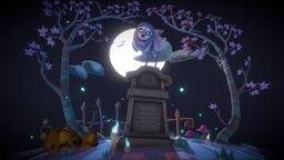 Graveyard Owl Diorama [Animated] owl, graveyard, barn, grave, diorama, handpainted, low, poly, halloween