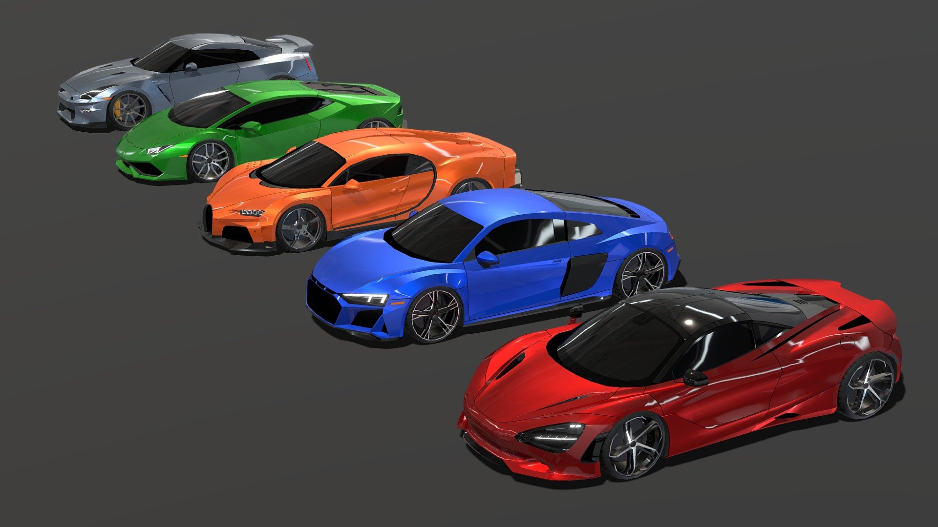 This pack contains 5 low-poly supercars created originally in Blender 3.6

The models have clean and optimized polygonal geometry. 7-8,000 faces per each car.

Full pack specs: Polygons: 33,324  /  Vertices: 37,626  /  Triangles: 70,595  /  Objects: 5 

Easily adjustable car paint. Every material is named individually.

Included 3D formats: FBX / OBJ / GLB / GLTF / BLEND - Supercars Lowpoly Pack - Buy Royalty Free 3D model by Rossty (@rossty3d) 3d model