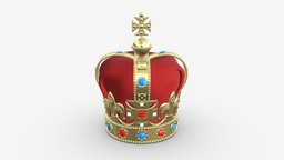 Gold crown with gems and velvet 01 jewelry, crown, shiny, coronation, kingdom, king, metal, rich, golden, velvet, monarchy, authority, elegance, 3d, pbr, decoration, gold, royal