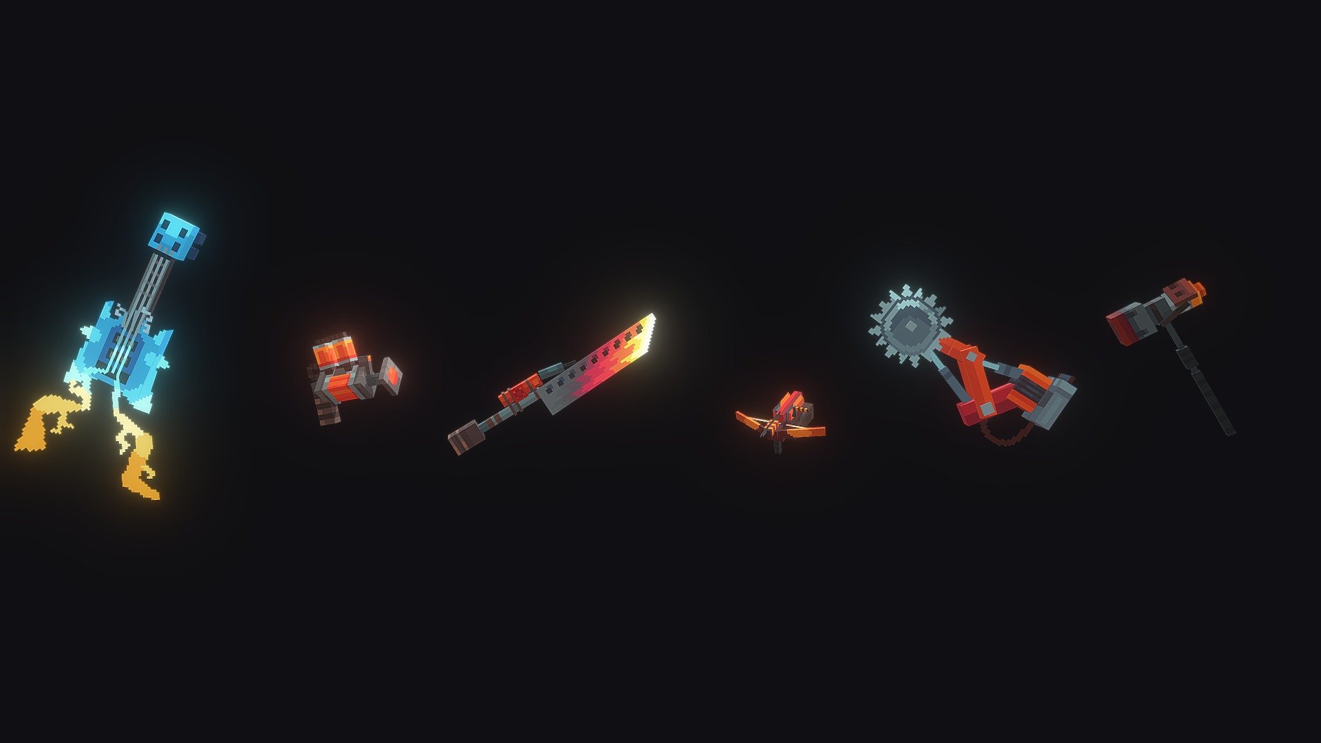 About the Project
Powerful Scrapyard weapons for taking down zombies!

Includes:
Buzzsaw Arm
Flame Cannon
Fume Blade
Impact Hammer
Lightning Guitar
Spike Launcher


Textured by Sam McLaughlin * https://twitter.com/Bhuna_Boy
Modelled by Will * https://twitter.com/somedaftmonkey
Concepts + Art Lead Marceau * https://twitter.com/MarceauNK
*Made for Cyclone Studios * https://twitter.com/Cyclone_LTD Zombie Arena https://www.youtube.com/watch?v=yaUQLE5PEmE
Made in Blockbench


Contact Me
Available for Marketplace or Minecraft work


Contact me on Discord: Sam McLaughlin#4095
Contact me by Email: samuelmclaughlin@talktalk.net
 - Zombie Arena Weapons - 3D model by Sam McLaughlin (@BhunaBoy) 3d model