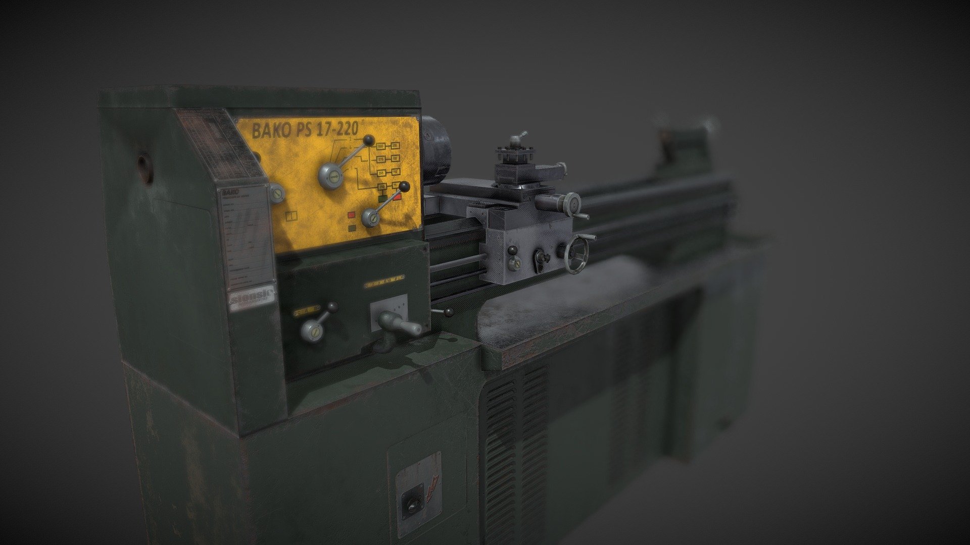 Old lathe game ready low poly model, modeled in blender, uv's in rizomUV, baked in marmoset and textured in substance painter and photoshop.
Has 17.483 triangles, 18.881 vertices.
4 materials of 4K, texture set: normal, base color, roughness, metallic &amp; AO 3d model