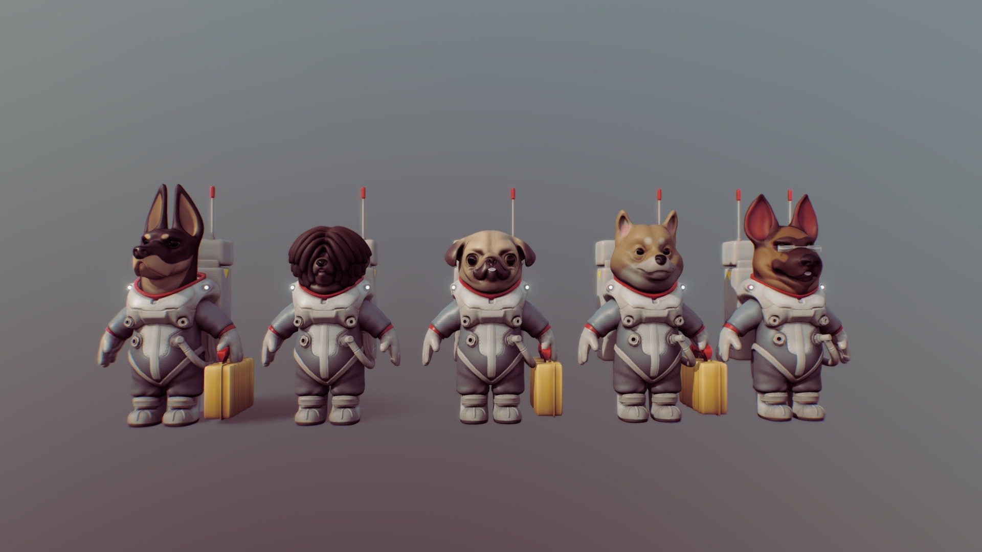 Five diffrent Stylized astronaut dogs that are game ready 3d model