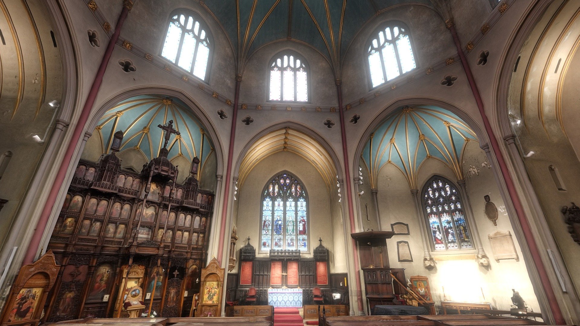 The interior of St Dunstan In The West, Fleet Street, London.

Date: 1830s.

https://www.stdunstaninthewest.org/
https://historicengland.org.uk/listing/the-list/list-entry/1064663

1199 photos taken in March 2023 with a Sony a7R III and processed in Reality Capture. 
Pews mesh heavily rebuilt. Large glass central lamp/chandelier removed because did not process correctly 3d model