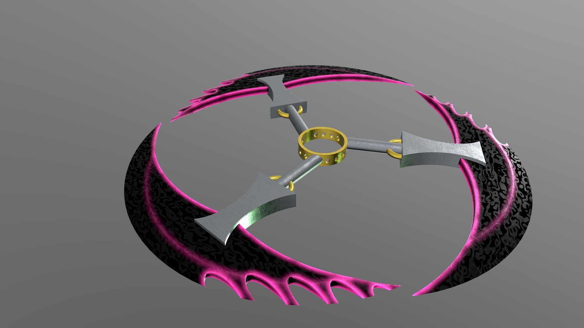 8.3k Verts/16.6k Tris  All textures are 2048 x 2048 res (PNG format) Models are unwrapped and UV textured. Addition files include base model as seperate objects. As well as UE4 and Blender PBR output templates.

This impressive 3D model brings together three symmetrical blades in an exceptional configuration. Each blade, a crescent of high-quality steel, converges to a central ring via a robust steel fastener. Ensuring the structure's stability, these fasteners are tethered to the handles with ornate gold loops, contributing an element of elegance to the formidable weapon.

Half of each blade showcases a serrated edge, amplifying the weapon's deadly potential. To facilitate comfortable and secure wielding, the central ring is designed with four finger holes strategically placed between each pair of handles. The model exudes an air of menacing beauty, marking a fascinating intersection of design intricacy and lethal functionality 3d model