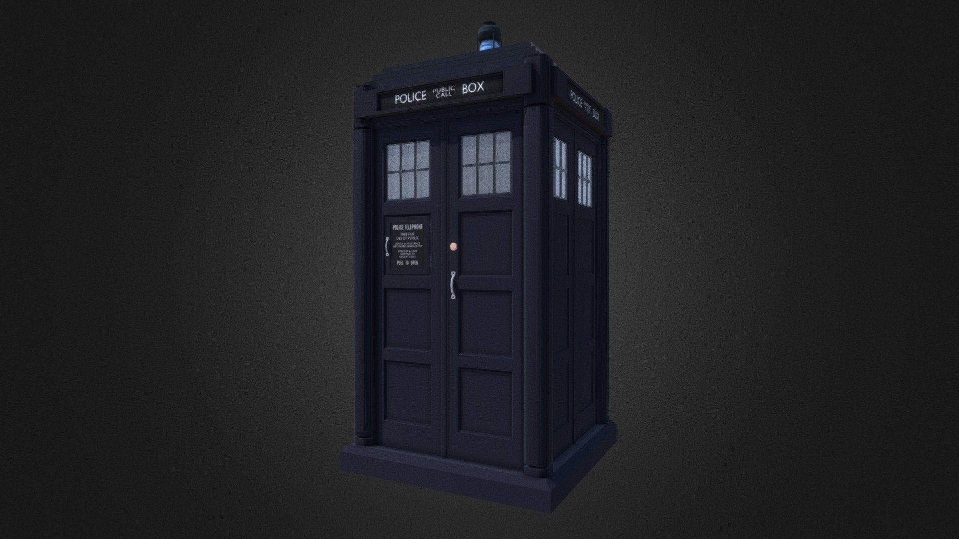 This is my attempt at recreating the Police Box that appears in series 11, 12 and 13 of Doctor Who
I made this in blender and it looks better there trust me - 13th Doctor Tardis Exterior Attempt - 3D model by Summer Visuals (@Summer_Visuals) 3d model