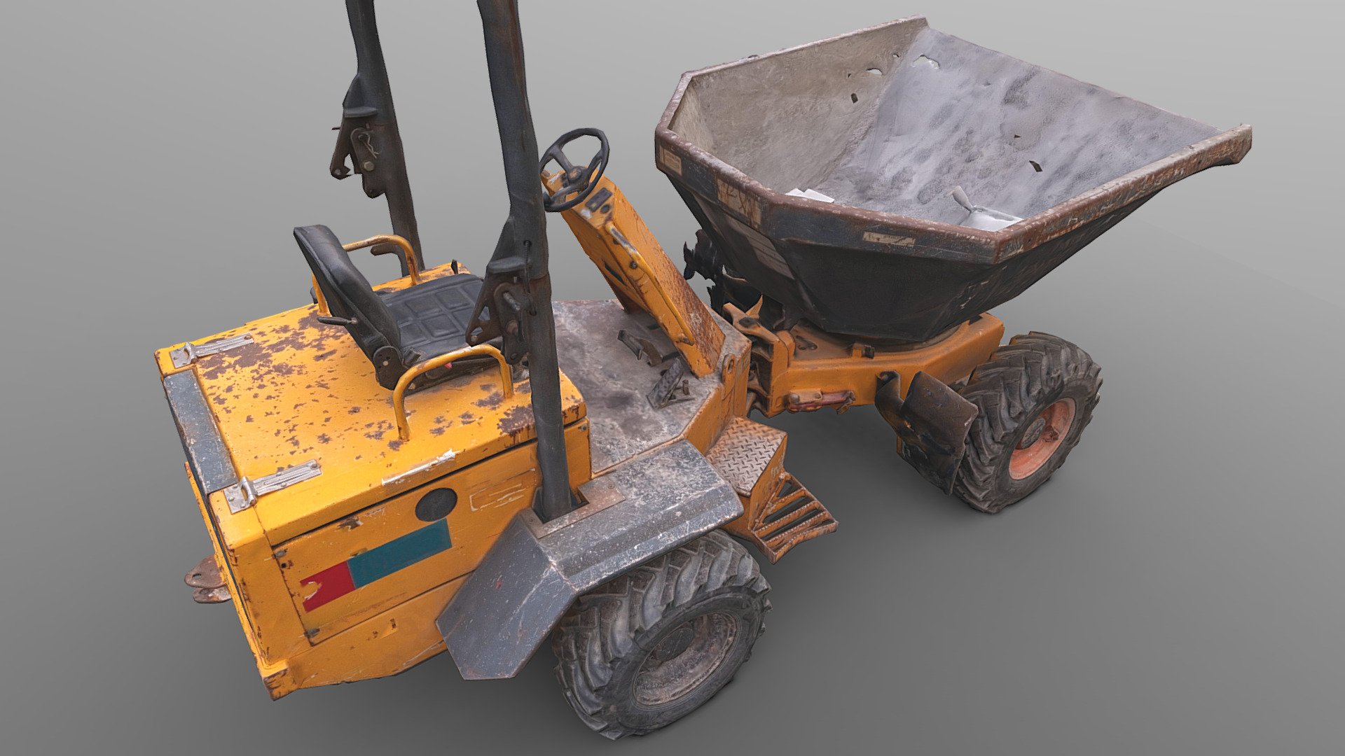 Yellow small tipper dumper. Asphpalt and rubble road works, rusty and scratched construction machine. 
Low poly version, heavily decimated from raw scan 3d model