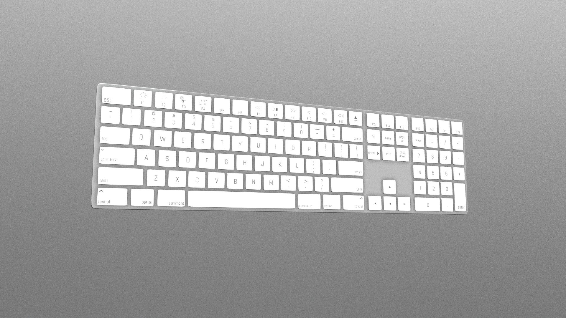 A wireless Apple Mac Magic Keyboard, modeled in Maya, Textured in Substance Painter, used as a base piece for some experimentation in a larger project 3d model