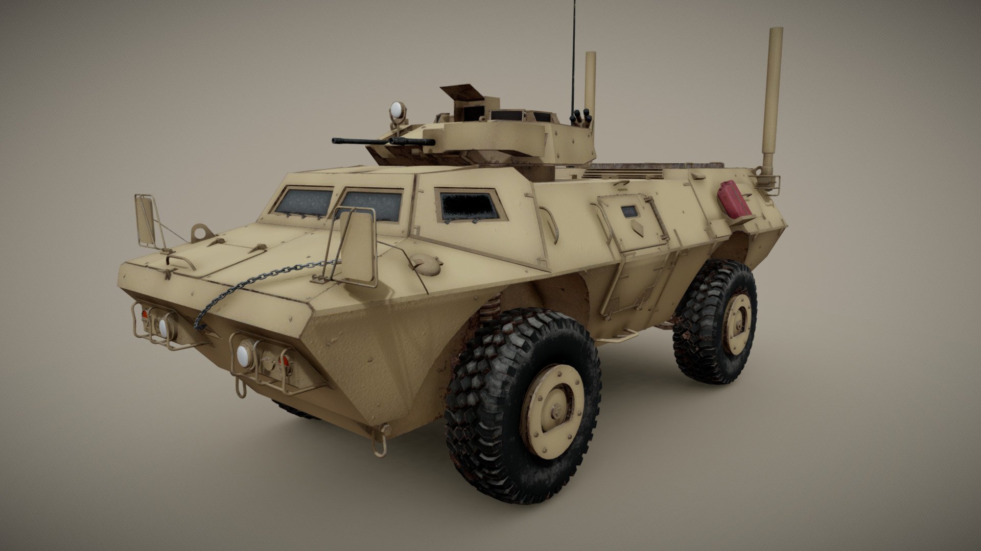 The M1117 Guardian, also denoted Armored Security Vehicle (ASV), is an internal security vehicle based on the V-100 and V-150 Commando series of armored cars. It was developed in the late 1990s for service with the United States Military Police Corps. The first prototypes appeared in February 1997 and serial production of the M1117 commenced between 1999 and early 2000.

The M1117 was one of the first American military vehicles to be built on a specialized mine-resistant hull, and after 2001 was adopted in increasing numbers as a direct response to the threat posed by improvised explosive devices to US forces in Iraq and Afghanistan. Its armament consists of an Mk 19 grenade launcher and M2HB Browning machine gun, mounted in a turret similar to that used on the United States Marine Corps' Amphibious Assault Vehicle, and a M240H Medium Machine Gun mounted outside the gunner's hatch 3d model
