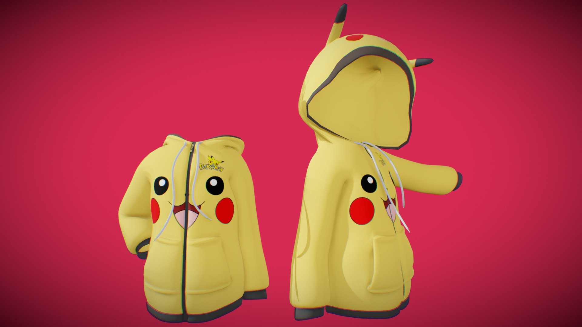 Cute Pikachu zipper sweatshirt with eared hood, double kangaroo pocket in each side of the zipper and the classic drawstring. The file includes two Hoodies featuring retracted cowl &amp; raised cowl versions ready to use.

The models are UV mapped ready to add stamps with logos or pictures across all the hoodie through texture maps. Topology is weightpainted and ready for rigging and animation!.

💮 If you liked my work remember to Follow me and Share! 🧸 💬 Commissions Open: ko-fi.com/Tsubasa_Art ☕🌸 !! - Pikachu Hoodie Sweatshirt - Buy Royalty Free 3D model by Tsubasa ツバサ (@Tsubasa_Art) 3d model