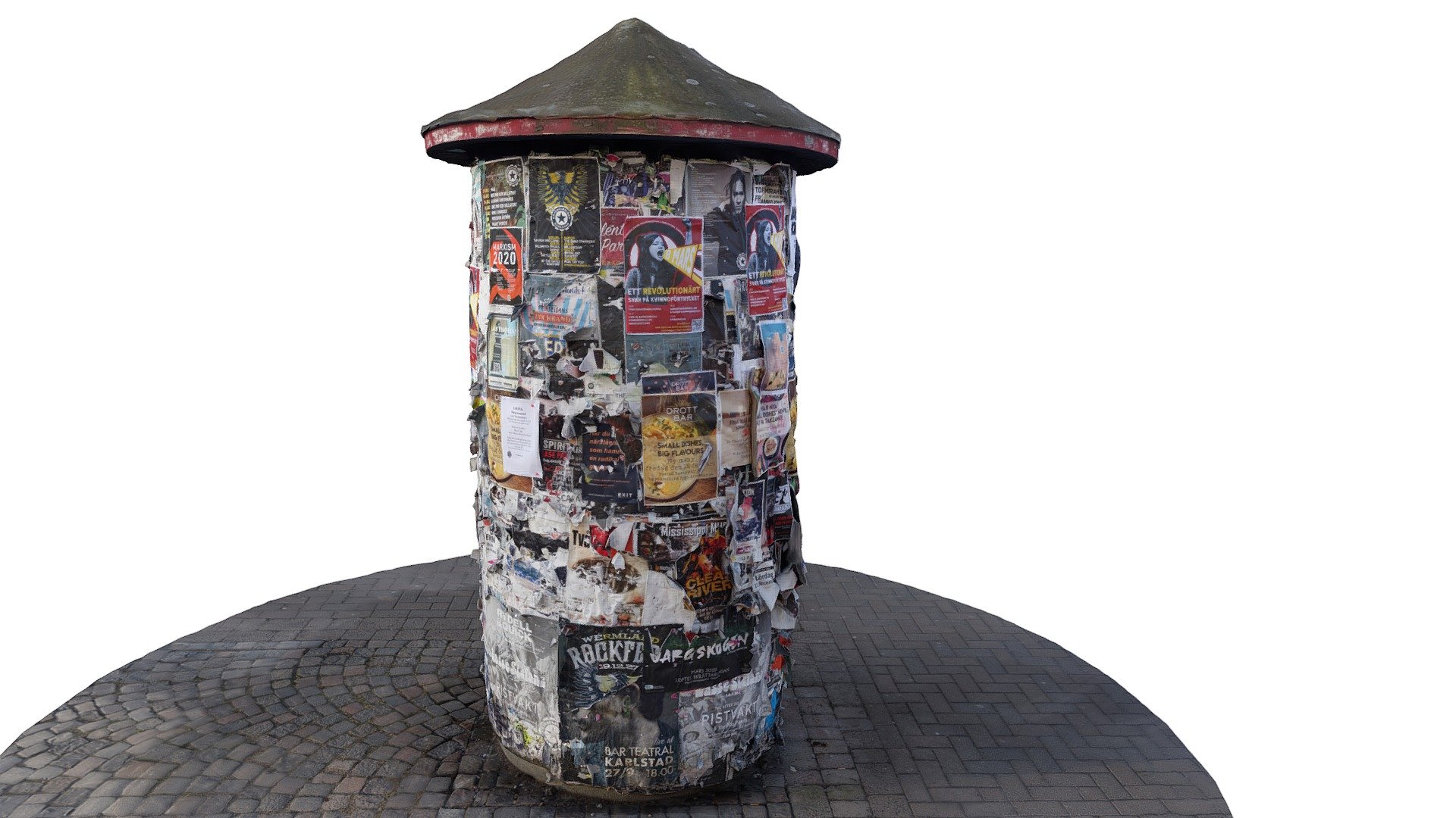 Location: Karlstad, Sweden, https://goo.gl/maps/t8bnS5ZPbu34n96N7

Object: Advertising Pillar

Year: march 2021 during a visit for Carolines drivers test


Here is a photogrammetric scan (a 3D-scan made of ca. 150 photos) of a advertising pillar in the Swedish city Karlstad. 
It was outside of Coffee House café, the patrons gave the weird looks when I was capturing the pillar but the object was too good not to photoscan.
Among the posters you see music poster from Danko Jones, religious evangalists, soviet communist symbols, and a lot more that tells about life in a fairly large Swedish city. 

Please write in the comments what interestings findings you do.












Camera locations, amount of photo and settings: 
(right-click and open image in new tab for a larger image)


 - Advertising Pillar, Bulletin Board in Sweden - Buy Royalty Free 3D model by Adam de Kaminski (@dekaminski) 3d model