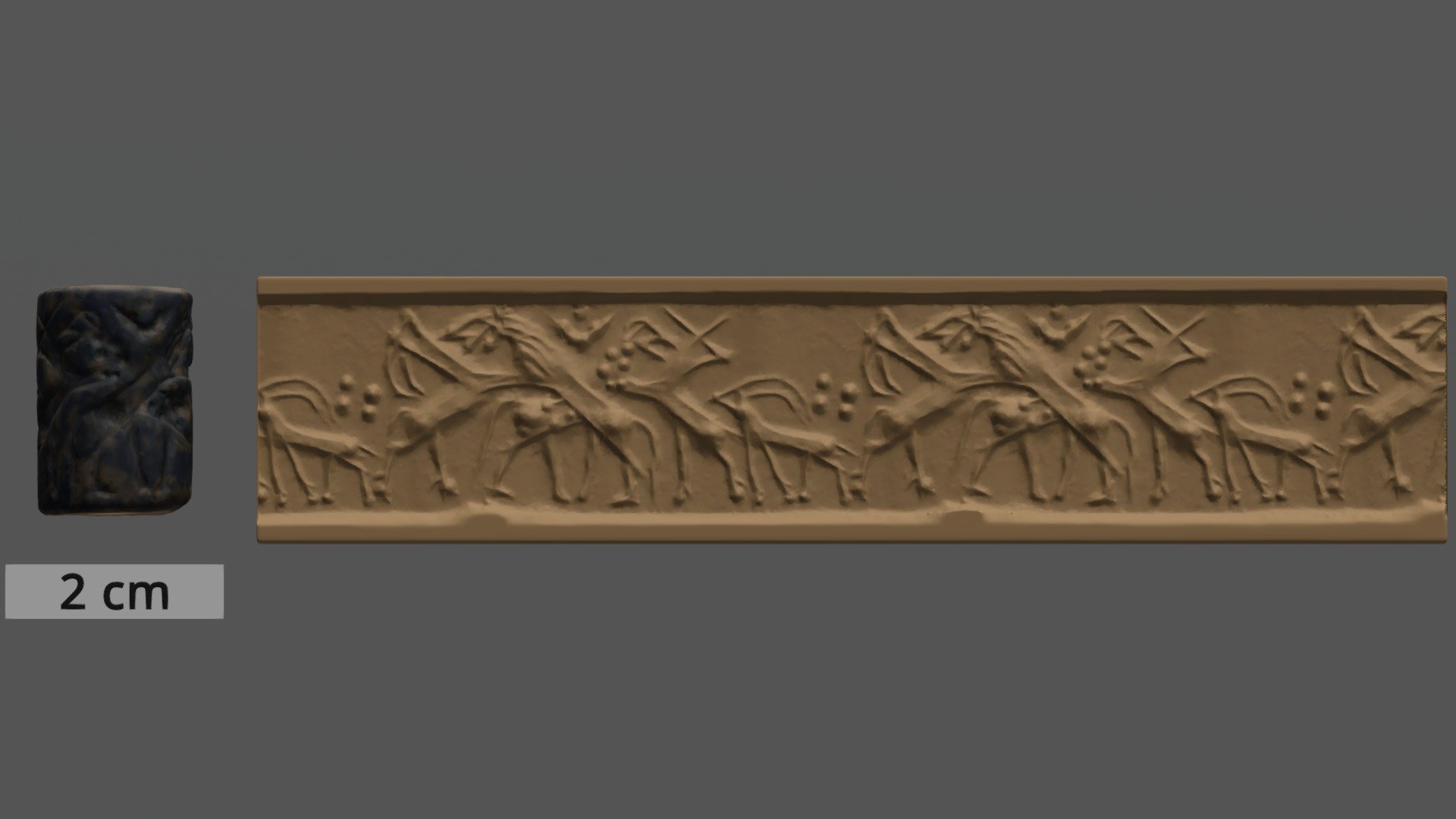 Photogrammetric model with virtual impression of carved surface

Catalog Number: 156696.nosub[1]

Description: seal

Notes: Four rampant animals, two crossed lions attacking two antelopes; at right an antelope with all feet on the ground, above four globes close together; between the lions and above a crescent and a globe.

Materials: stone; lazurite - lapis lazuli

Time Period: Early Dynastic

Accession Number: [1497] Excavations at Kish, Iraq (Expedition)

Accession Year: 1924

Other Numbers: 2312 A, 88264, 88484

City/Town: Kish

Collector/Source: Excavations at Kish, Iraq, Excavations at Kish, Iraq



https://collections-anthropology.fieldmuseum.org/catalogue/1366113



Photography: JP Brown 

Image generation: Sam

Metashape Pro: Sam

Meshlab 2016.12: Sam

ZBrush: JP Brown
 - 156696 cylinder seal - Download Free 3D model by fieldmuseumeducation 3d model