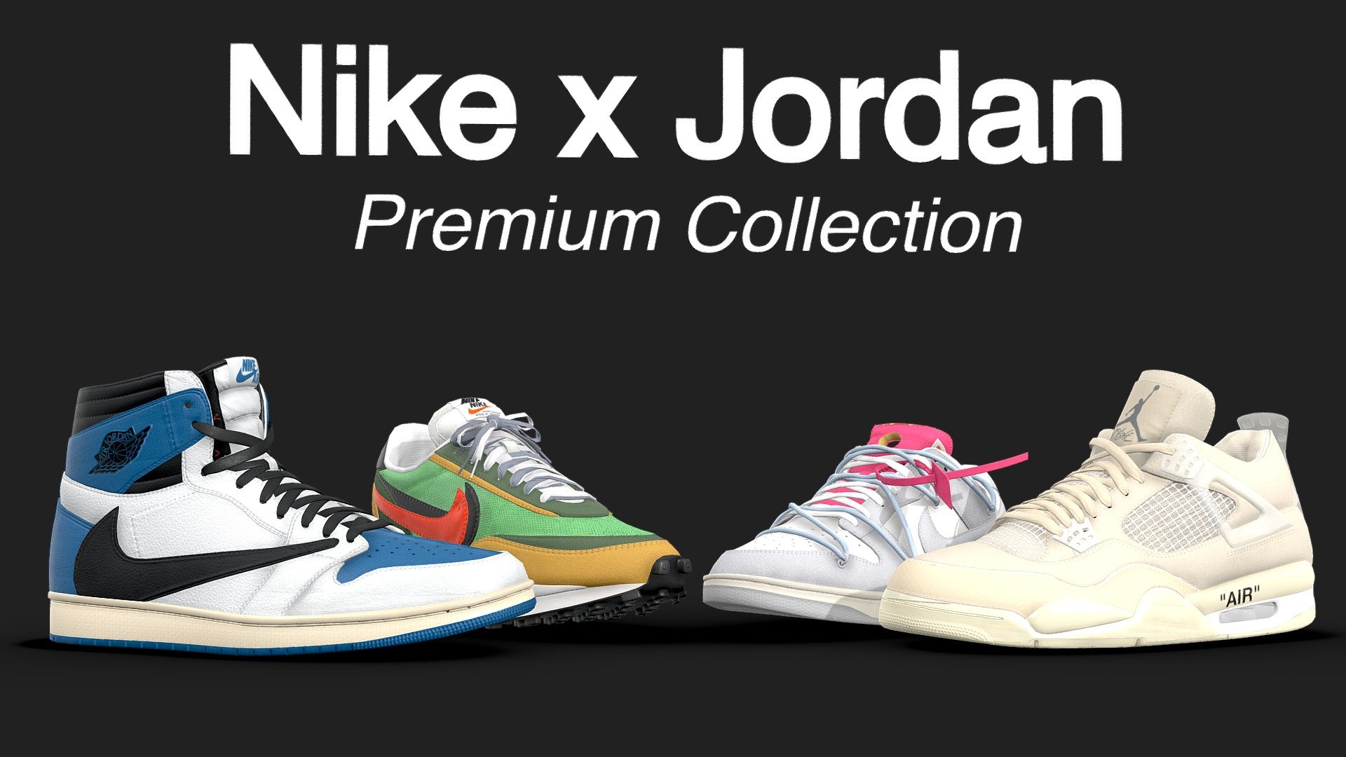 Collection of my Nike and Jordan shoes in various collaboration colourways. Featured in the preview are iconic Off White collabs, the classic Sacai LD Waffle, and the reverse swooshed Travis Scott x Fragment Jordan 1. In addition to these colourways, there is one bonus colourway for each model (pictured below) 

The models themselves are relatively low poly (Ranging from 21,525 faces for the Sacai to 30,114 faces for the Dunk, including the tag) and use one texture set per shoe. Their other shoe, along with the bonus colourways are available in the additonal files. 

In those additional files you get the blender file for each model along with fbx and obj versions, contact me if you require any other files. You can also find the high poly versions of all of these shoes on my store page. 

If you have any questions or general queries you can contact me here: worksofwall@gmail.com

 - Nike x Jordan Premium Collection - Buy Royalty Free 3D model by Joe-Wall (@joewall) 3d model