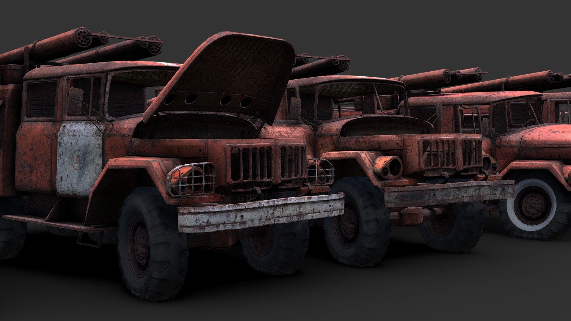A set of fire-fighting vehicles that were left to sit after being heavily contaminated during the Chernobyl Disaster in April of 1986. I wound up giving them quite a lot of variations to keep them from &ldquo;repeating