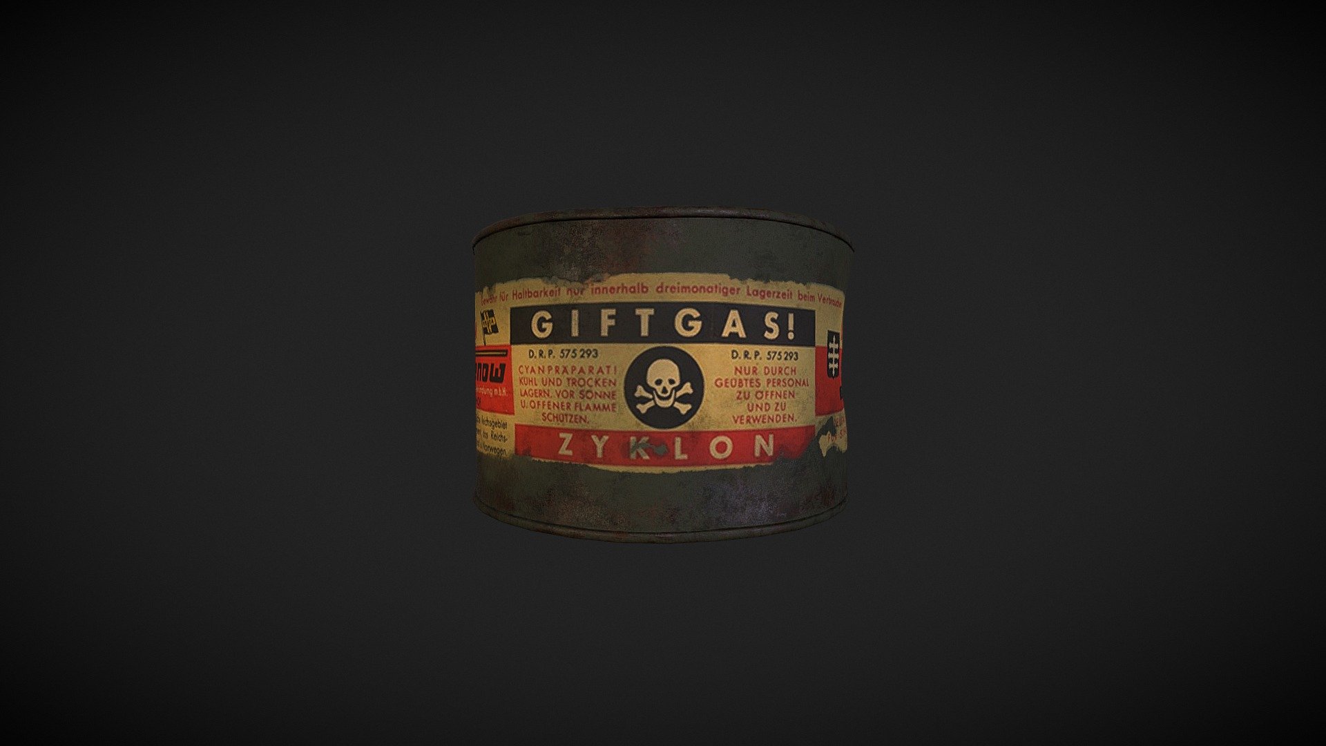 A 3D reproduction of German gas can (Zyklon B) used with barbarism for the extermination of prisioner in concentration camps during WW2, Modeled with Blender and textured using Substance Painter - WW2 - Zyklon B German Gas Can - 3D model by zdani98 3d model