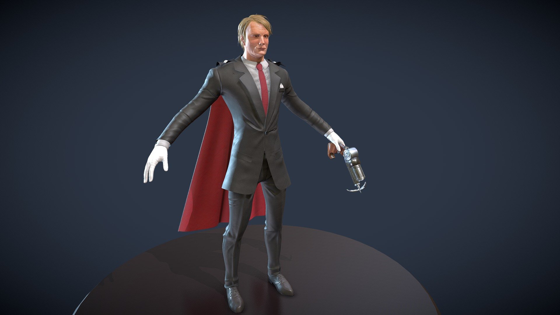 This is my first human character in a realisitc style I made for a school exam. We had to make a character from a celebrity, I choose my favorite actor Mads Mikkelsen and decided to turn him into a gentleman thief a bit like Arsene Lupin.

I used zbrush for the high poly sculpt and the low poly 
3D coat and maya for the Uv's, skinning and export setup 
Substance painter for the texturing
I also integreted my character into a UE4 scene

It was super great to make and I learn a lot from it, even if I'm not really satisfied since the concept is kind of simple, I wasn't to confident for making a complexe character because I'm still a beginer, but with all the things I learned the next one will be much better.

This version has no pose and no hat and mask for a better view of the details of the face.

Hope you find it cool :) - Mads Mikkelsen as a gentleman thief: No pose - 3D model by Hugo.Bessiere 3d model