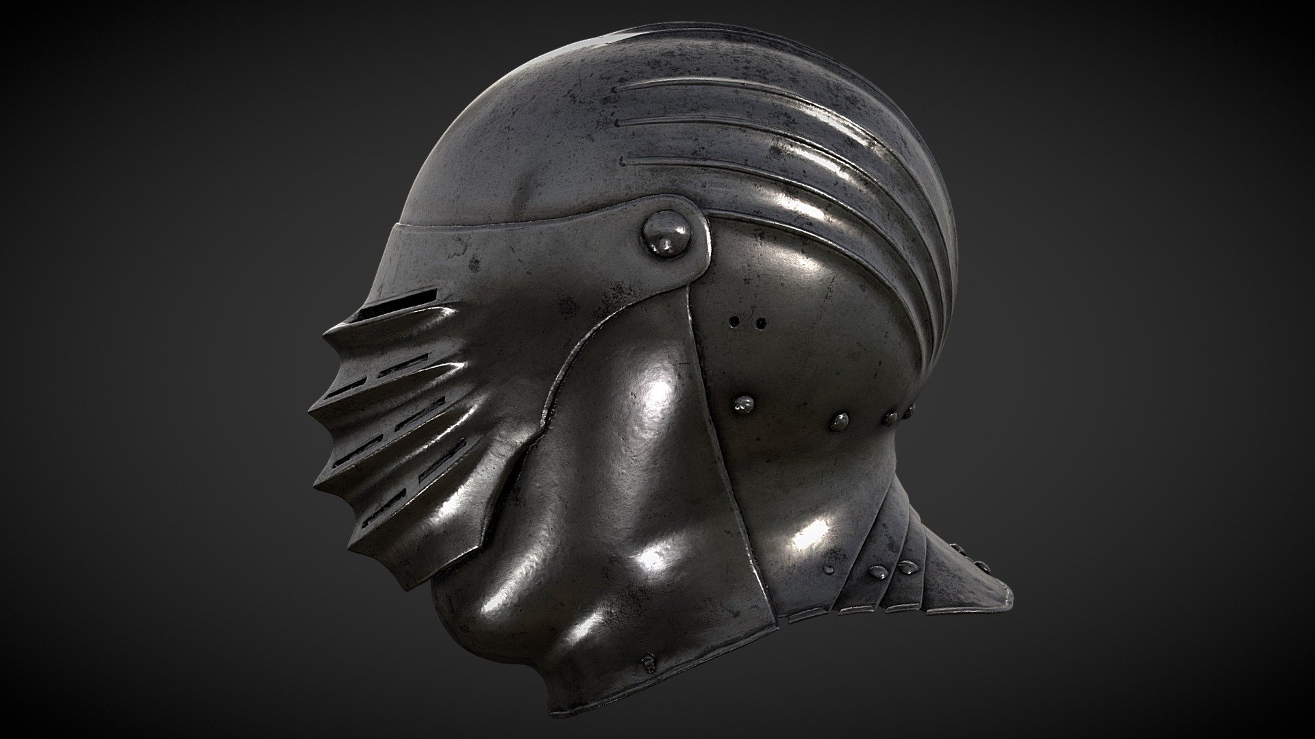 This helmet is part of a suit armour with similar decorative grooves as on the helmet’s skull.

This type of armour is often referred to as Maximilian armour (after the Holy Roman Emperor Maximilian I). The bellows visor on the helmet is also characteristic of this type of armour.

It was thought, during the 19th century, that the helmet had belonged to King Johan I of Sweden (who died in 1222) but it was later revealed that the helmet had in fact been made in Germany around 1510 3d model