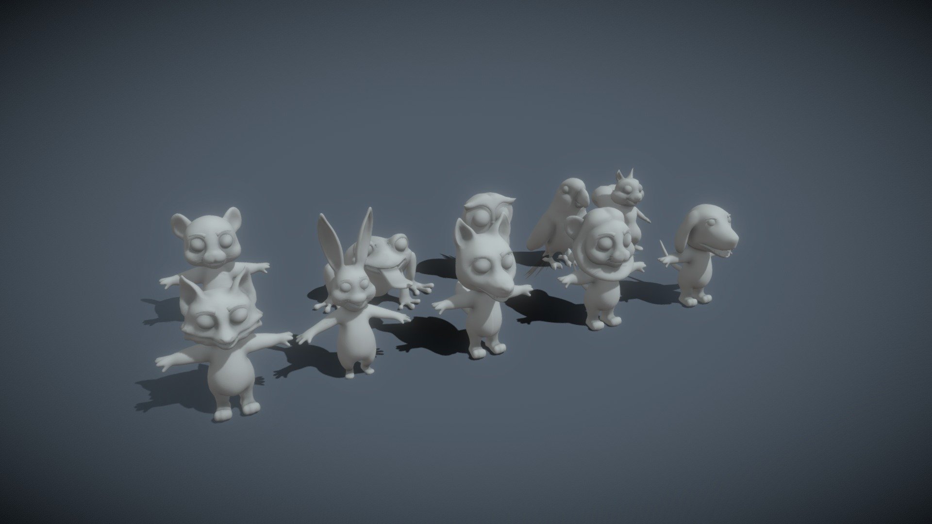 Cartoon Animals Rigged Base Mesh 10 Models Pack Vol 1. consists of 10 cartoon/stylized rigged animal base mesh models:  




Owl Rigged Base (10,551 P, 10,679 V)

Squirrel Rigged Base (2,164 P, 1,761 V)

Rabbit Rigged Base (7,968 P, 7,922 Vertices)

Frog Rigged Base (4,212 Polygons, 4,138 V)

Ara Parrot Rigged (4,275 P, 3,983 V)

Lion Rigged Base (7,218 P, 6,884 V)

Tiger Rigged Base (6,120 P, 5,789 V)

Wolf Rigged Base (11,748 P, 11,452 V)

Fox Rigged Base (10,284 P, 9,863 V)

Hound Dog Rigged Base (10,250 P, 9,953 V)

Technical details:  




File formats included are: FBX, GLB, BLEND, gLTF (generated), USDZ (generated)

You can easily import model(s) into: Blender, Maya, 3DS Max, Houdini, Cinema 4D, Unity, Unreal, &hellip;

Native software file format: BLEND

All models are rigged

Only following formats contain rig: BLEND, FBX, GLB

Polygons: 74,790 (around 7.5k per model)

Vertices: 72,424 (around 7.2k per model)
 - Cartoon Animals 10 Rigged Base Mesh Vol 1 - Buy Royalty Free 3D model by 3DDisco 3d model