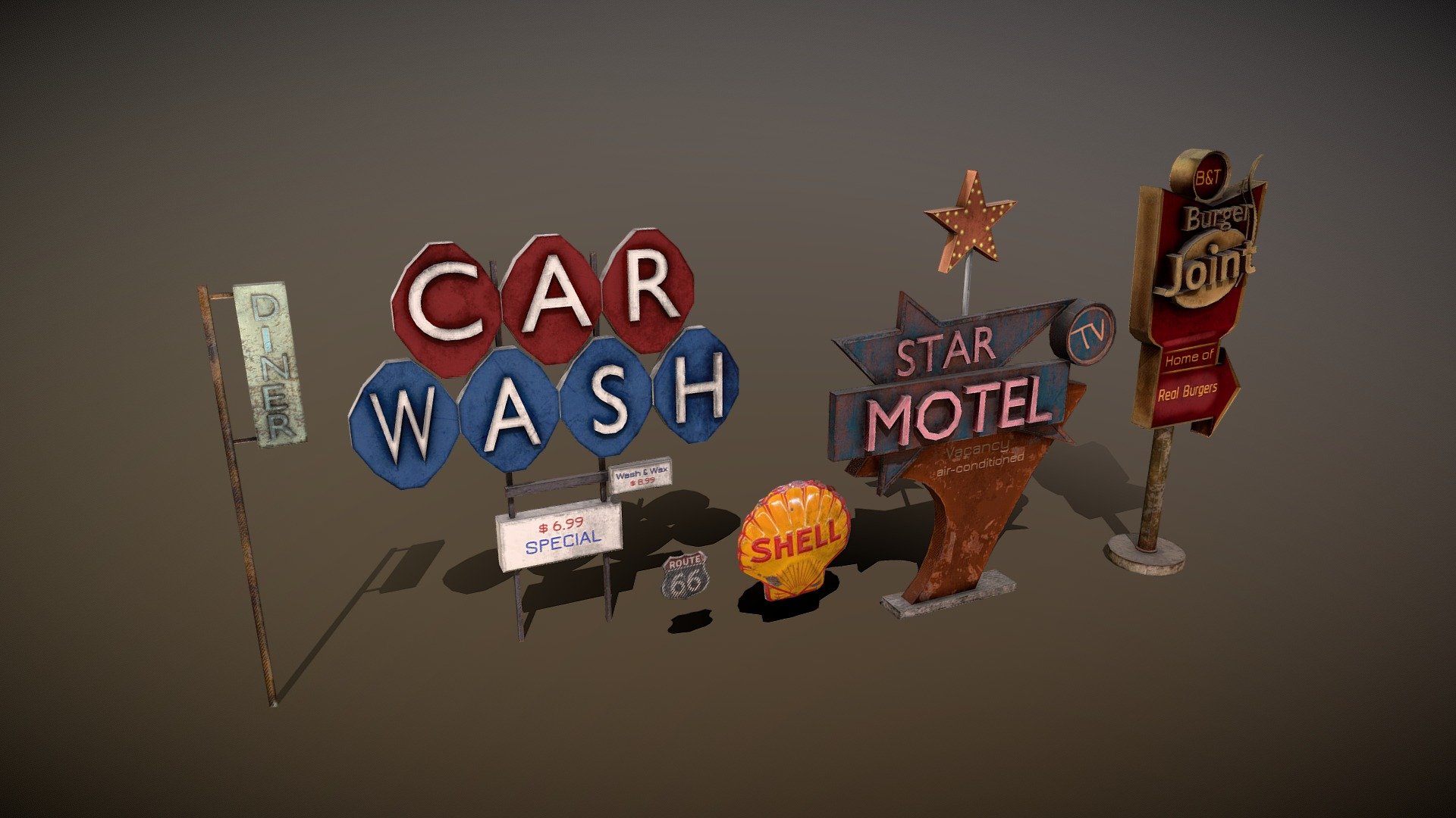 Some more Signs in a collection, this time I have an extra zip with all signs with origin on the right place ready to import into game, the collection have one 2048 material , with direct x normalmap 3d model