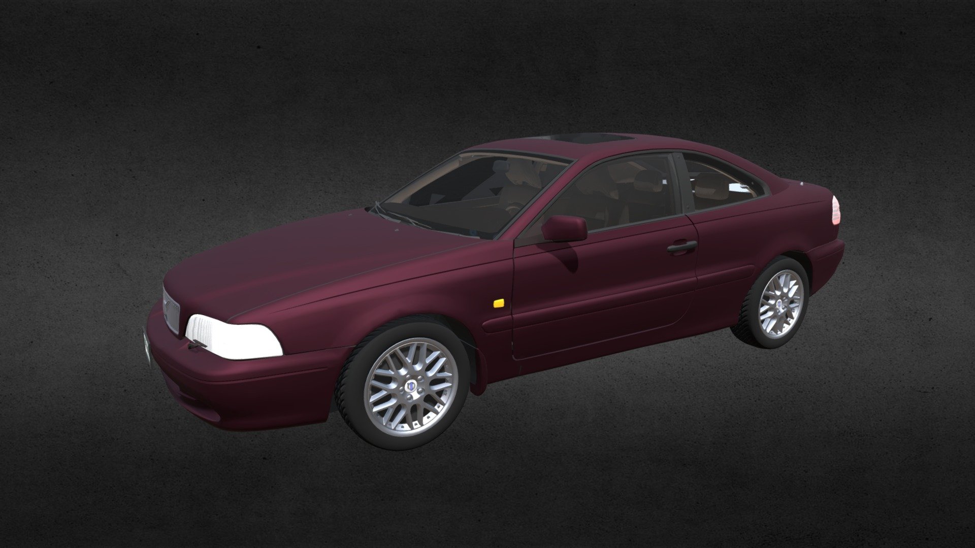 This digital model is based on the 2000 version of the Volvo C70. Digitally scanned from the actual car, which gives the digital model a highly accurate shape. 

Product Features:




Has a highly detailed dashboard and interior, which can be seen through the windows.

The wheels, hood, trunk, and doors are separate groups, which your software should read as separate parts.

Includes a detailed trunk interior.

Does not include an engine.

The model is UV mapped.

Includes the following texture maps:




Seat Fabric

Dash Instruments

Interior&hellip; or use your own leather/ fabric shader

Trunk Interior

License plate and displacement map

Original model by Digimation and sold here with permission 3d model