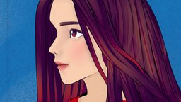 Cartoon Semi Real Anime Girl Bust red, toon, portrait, painted, 2d, unlit, outline, npr, unshaded, flatshading, long-hair, semireal, handpainted, girl, cartoon, art, bust, stylized, blue, anime, 2dlike