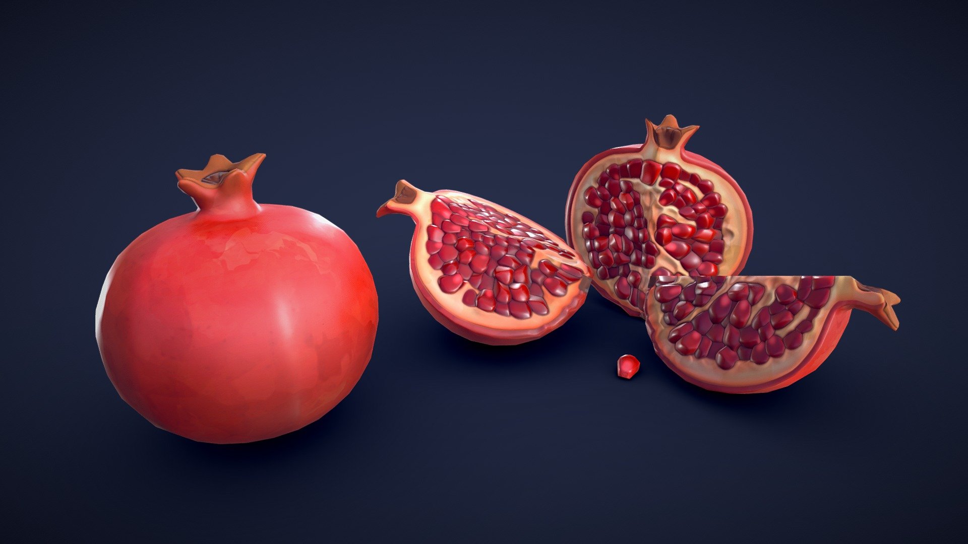 This asset pack contains 5 different pomegranate meshes. Whether you need some fresh ingredients for a cooking game or some colorful props for a supermarket scene, this 3D stylized pomegranate asset pack has you covered! 

Model information:




Optimized low-poly assets for real-time usage.

Optimized and clean UV mapping.

2K and 4K textures for the assets are included.

Compatible with Unreal Engine, Unity and similar engines.

All assets are included in a separate file as well.
 - Stylized Pomegranate - Low Poly - Buy Royalty Free 3D model by Lars Korden (@Lark.Art) 3d model