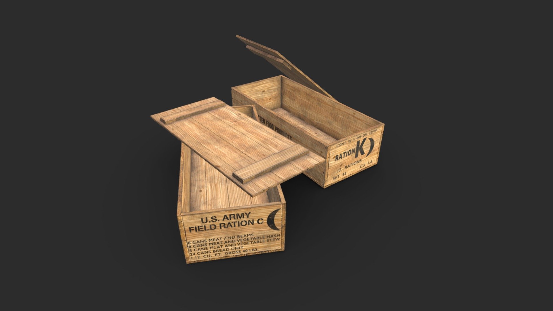 This is a model of a US army K-rations and C-rations wooden crate set used during the end of the Second World War for soldiers on the front. The model include 2 versions of the crate : C ration &amp; K ration. 
A total of 36 units were stored in the K-Ration crate and 48 cans were stored in each C-Ration crate. 

The models can be closed or opened, the top is separated of the box.

Originally created with Blender 2.78c

SPECIFICATIONS

Objects : 4 
Polygons : 332 
Subdivision ready : No 
Render engine : Cycles render

Each wooden crate 
Polygons : 166 
Vertices : 163

TEXTURES

Materials in scene : 2 
Texture size (2048x2048 px) 
Textures (Diffuse, Metallic, Roughness, Normal, Heigh and AO) are included 
Textures format : PNG

GENERAL

Real scale : Yes - Wooden Crate K & C Rations WWII - Buy Royalty Free 3D model by KangaroOz 3D (@KangaroOz-3D) 3d model