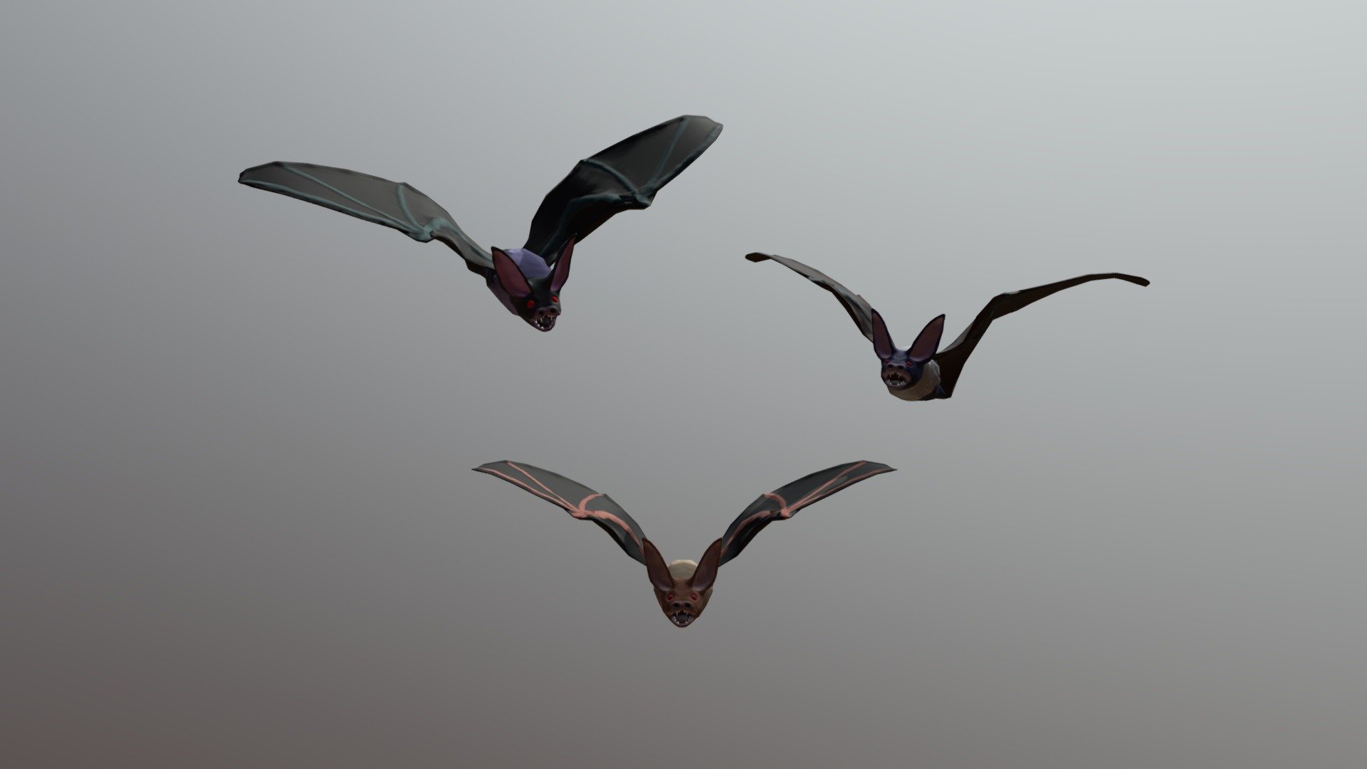 This is a Game Model I made in 2018 for a Semester Project while Studying Game Design at MD.H.
The Bat is an Enemy in Rain Planet flying fixed routes damaging the player when they collide. I made 3 Color Variants, we ultimately went for the dark one on the left since it clearly communicates that the bat is a threat.

Game: Rain Planet (Project 3rd Semester)
Software Used: Blender, Maya, Substance Painter - Bat - 3D model by Daniel-Marcel Reinders (@DonWippo) 3d model