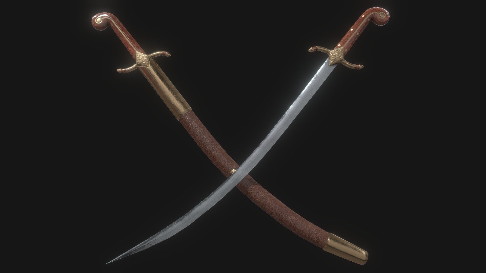 An eastern medieval Sabre and Sheathe!

Designed for games in Low-poly PBR including Albedo, Normal, Metallic, AO, and Roughness 2K textures.

This model from Ferocious Industries can be found in 3 different material skins, and this one uses the ‘Aged Bronze’ texture set.

1044 Triangles (One Sword + One Sheathe) 3d model