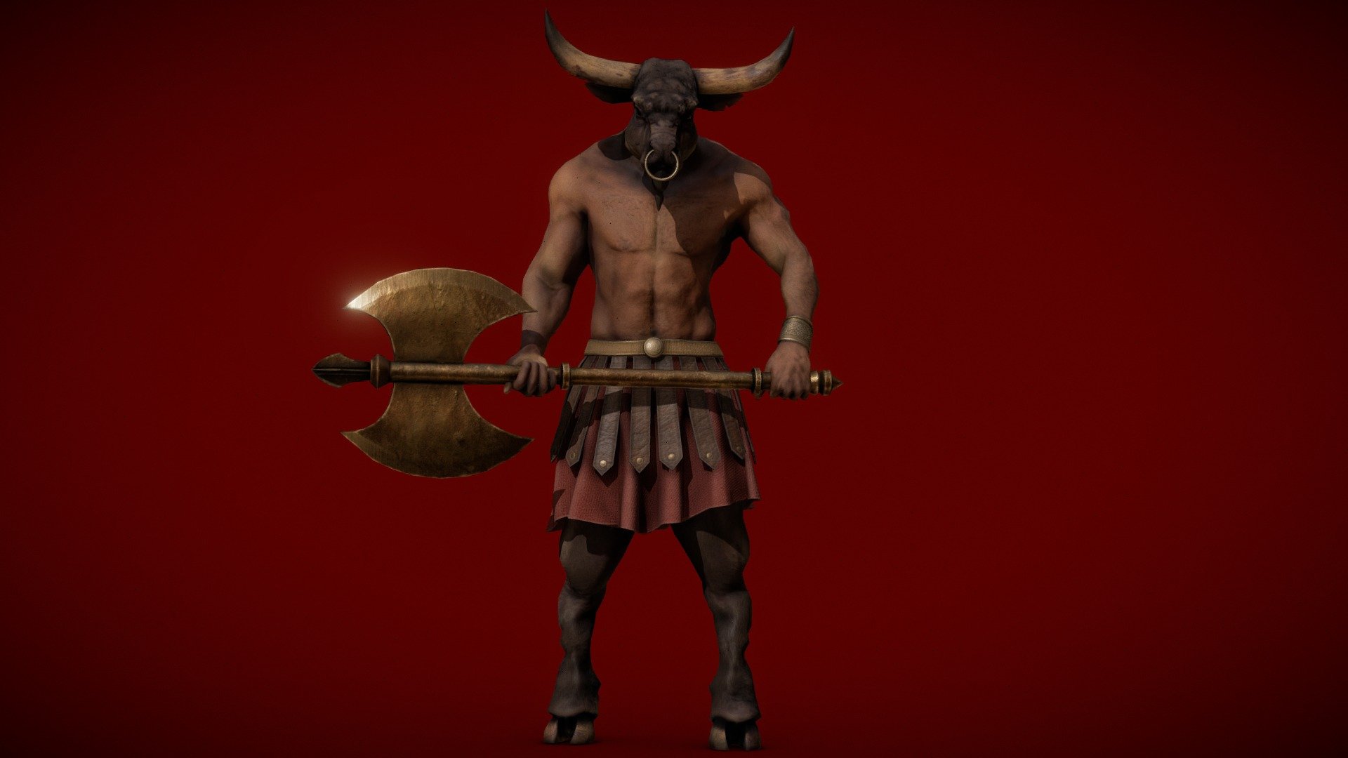 Minotaur, Greek Minotauros (“Minos’s Bull”), in Greek mythology, a fabulous monster of Crete that had the body of a man and the head of a bull. It was the offspring of Pasiphae, the wife of Minos, and a snow-white bull sent to Minos by the god Poseidon for sacrifice. Minos, instead of sacrificing it, kept it alive; Poseidon as a punishment made Pasiphae fall in love with it. Her child by the bull was shut up in the Labyrinth created for Minos by Daedalus 3d model