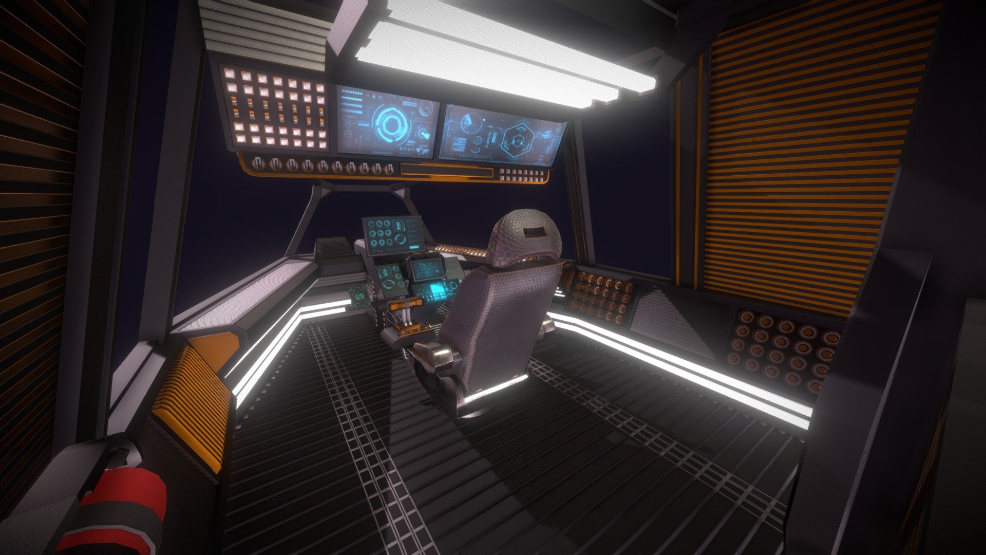 Sci-Fi Fighter Cockpit 3D Model can be used as an engine/core room, futuristic interior, sci-fi scene, etc. in your sci-fi scenes, videos, games, and others.  

All textures and materials are included and mapped in every format. The model is completely ready for visualization in any 3d software and engine.  

Technical details:  




File formats included in the package are: FBX, OBJ, GLB, PLY, STL, ABC, DAE, BLEND, gLTF (generated), USDZ (generated)

Native software file format: BLEND

Render engine: Cycles

Polygons: 60,307

Vertices: 63,369

Textures: Base, Emissive, Metallic, Mixed AO, Normal, Roughness

All textures are 2k resolution.

Note:  




The model is split into 15 parts. All of them use the same material besides the glass. In the Blend file it uses the glass (transparent) shader (which can be recreated in any 3D software). Or the glass model can be simply turned off if needed.
 - Sci-Fi Fighter Cockpit 3D Model - Buy Royalty Free 3D model by 3DDisco 3d model
